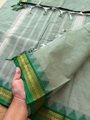 RF172 Pastel green shade Kanchi Cotton Saree With Contrast emerald green shade Small Zari Border