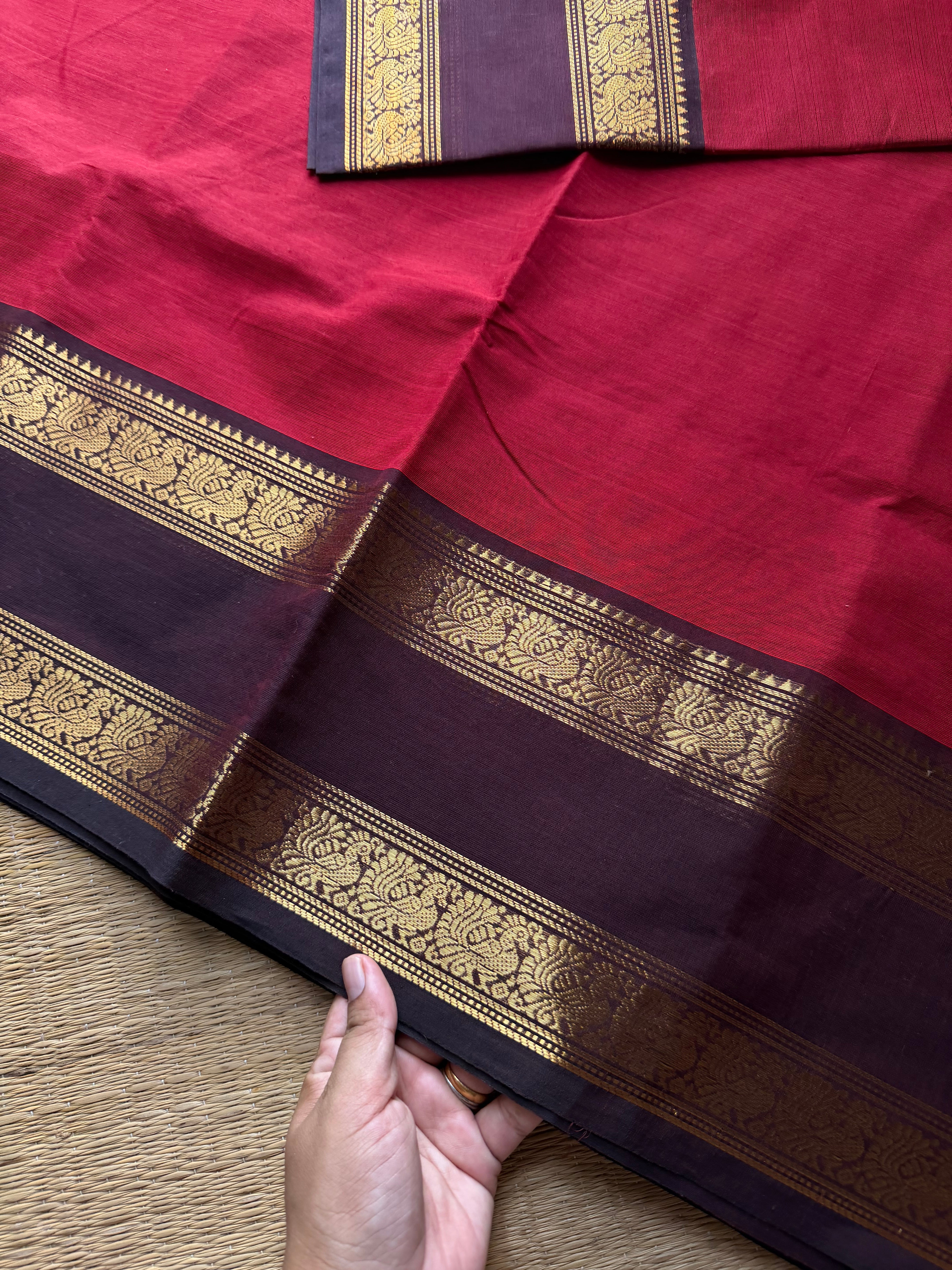 RF805 Reddish maroon with brown combination gap border Kanchi cotton saree