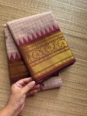 RF234 Beige With contrast light maroon combination Kanchi cotton saree with checks / Kattam pattern & handmade thread buttas