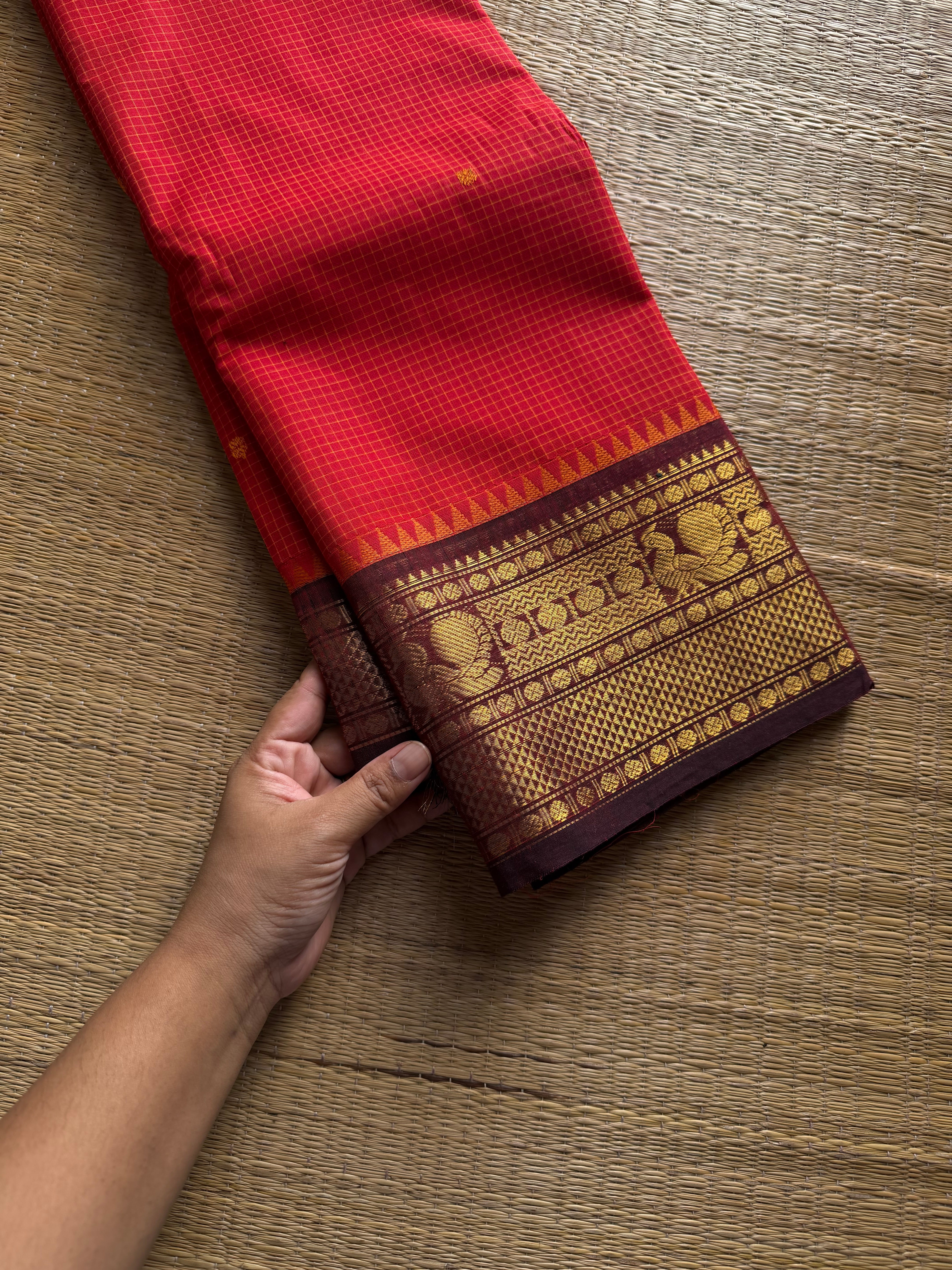 RF1423 Chilli red with brown ~ Vintage Podikattam / small checks Kanchi cotton saree with handmade thread buttas