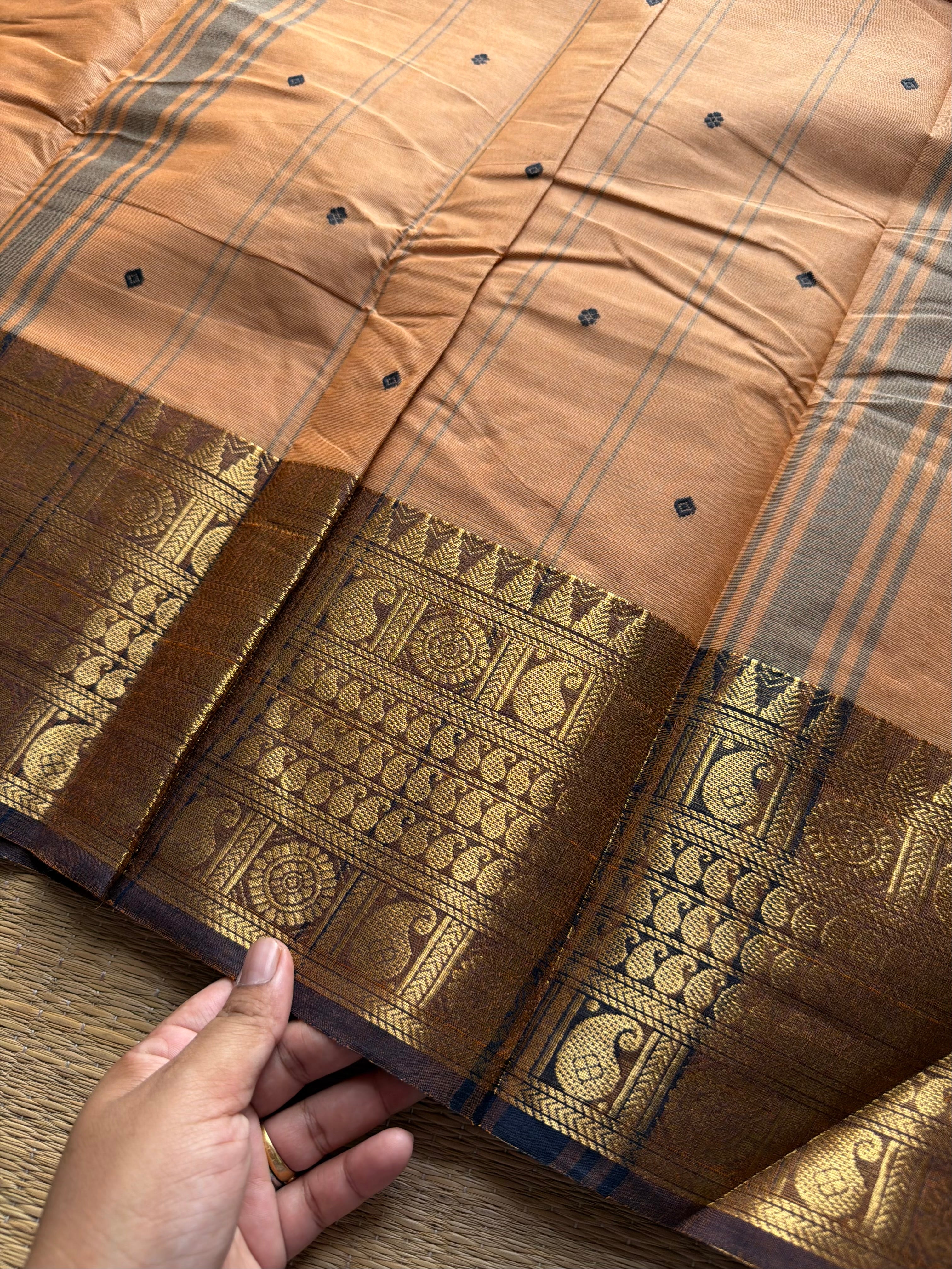 RF1013 Beige shade ~ Kanchi cotton saree with handmade thread buttas