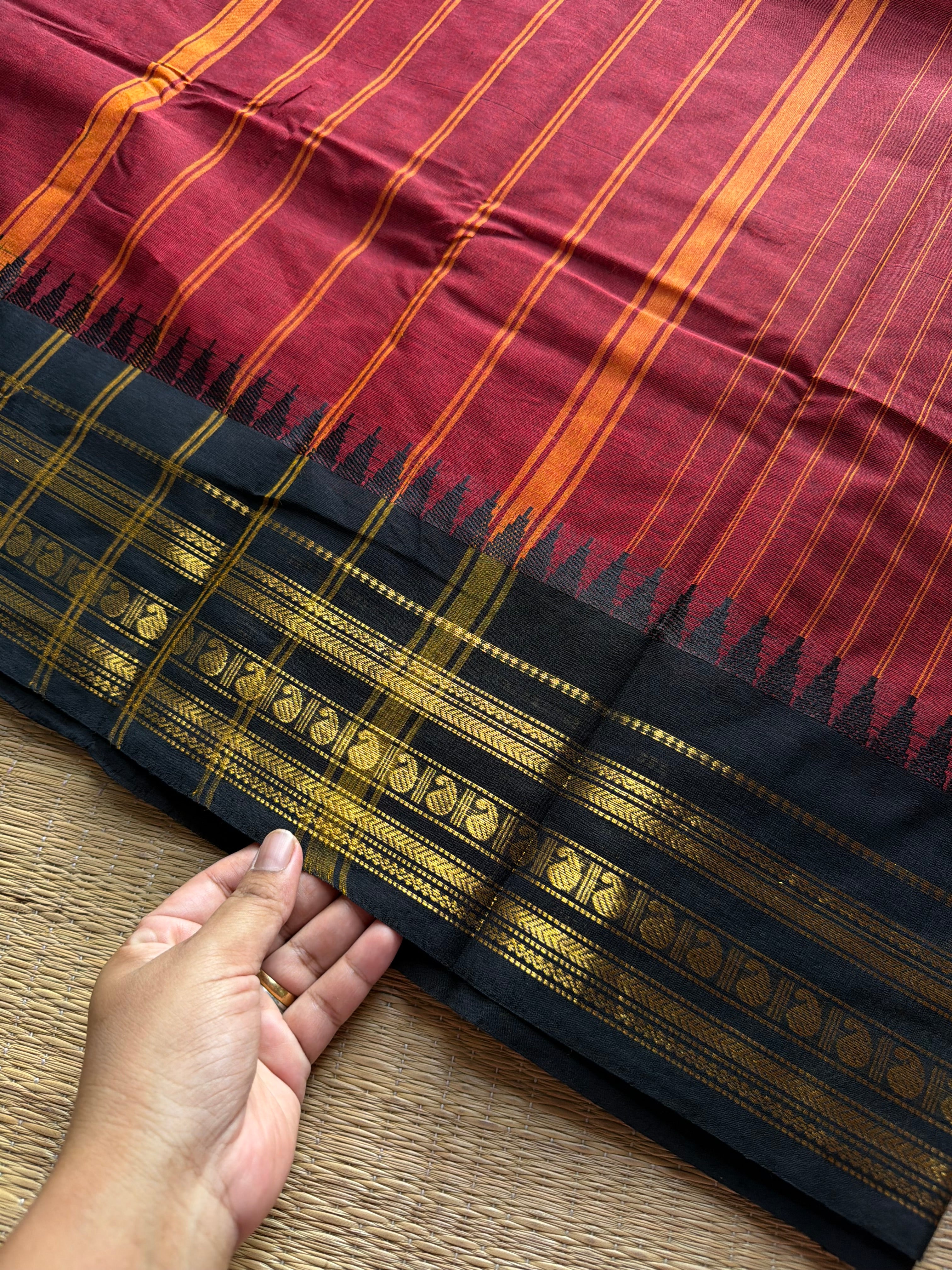 RF1043 Maroon with black combination Kanchi cotton saree with vertical stripes pattern