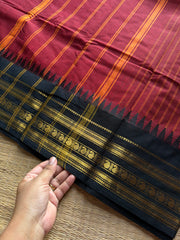 RF1043 Maroon with black combination Kanchi cotton saree with vertical stripes pattern