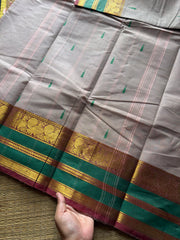 RF419 Light grey with green combination Kanchi cotton saree with handmade thread buttas