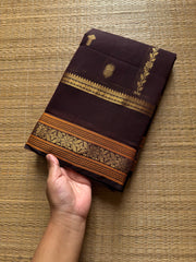 RF827 Premium Rich Pallu Kanchi Cotton Saree ~ Deep Coffee Brown with floral, Annam & Yazhi pattern Zari woven