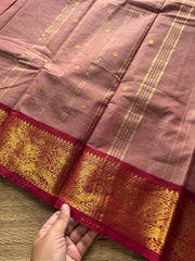 RF295 Dual tone biscuit & onion pink shade combination with contrast maroon Vanasingaram pattern border Kanchi cotton saree with handmade golden Zari Buttas