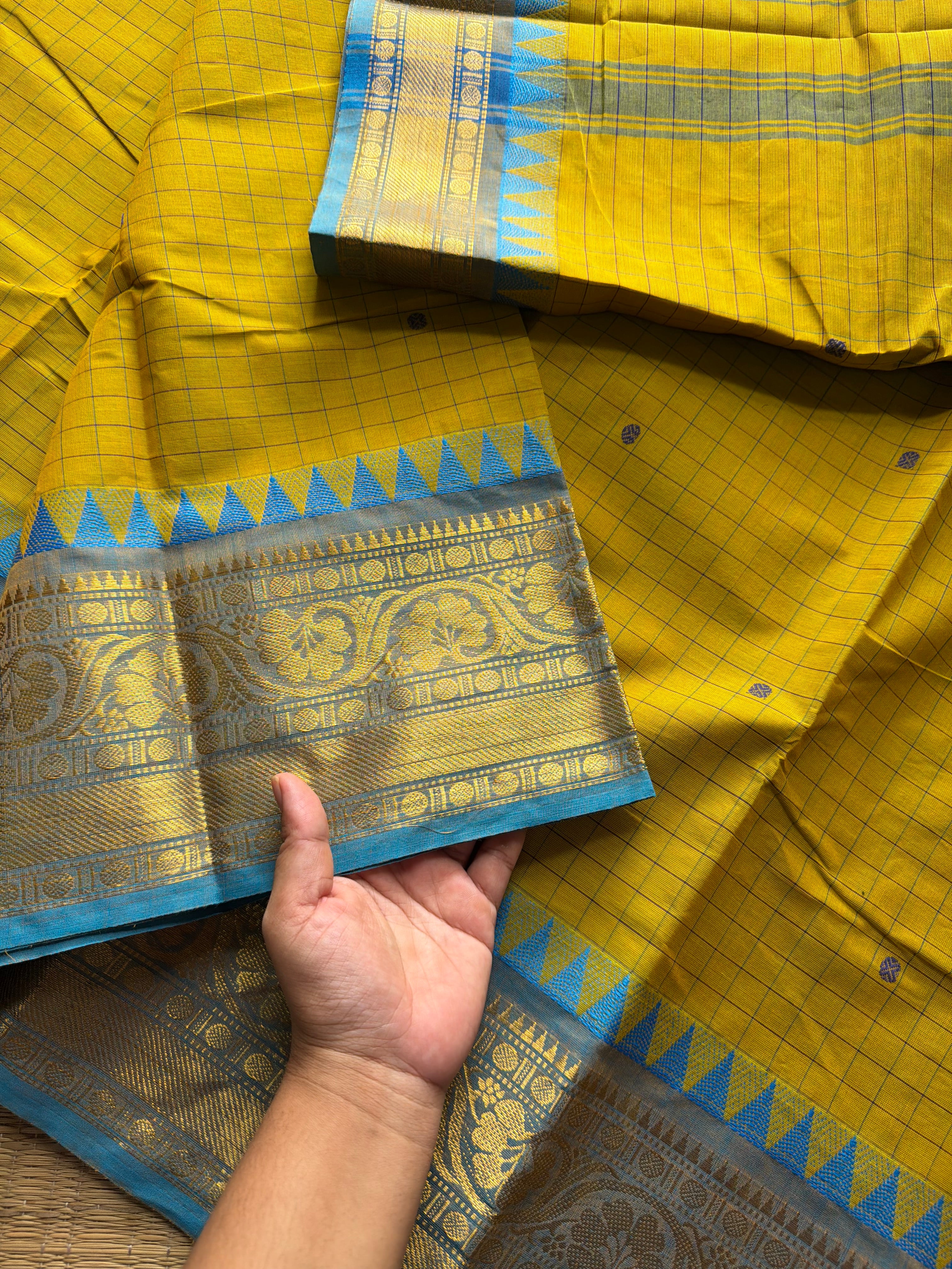 RF385 Yellow with sky blue combination Kanchi cotton saree with checks pattern and handmade thread buttas