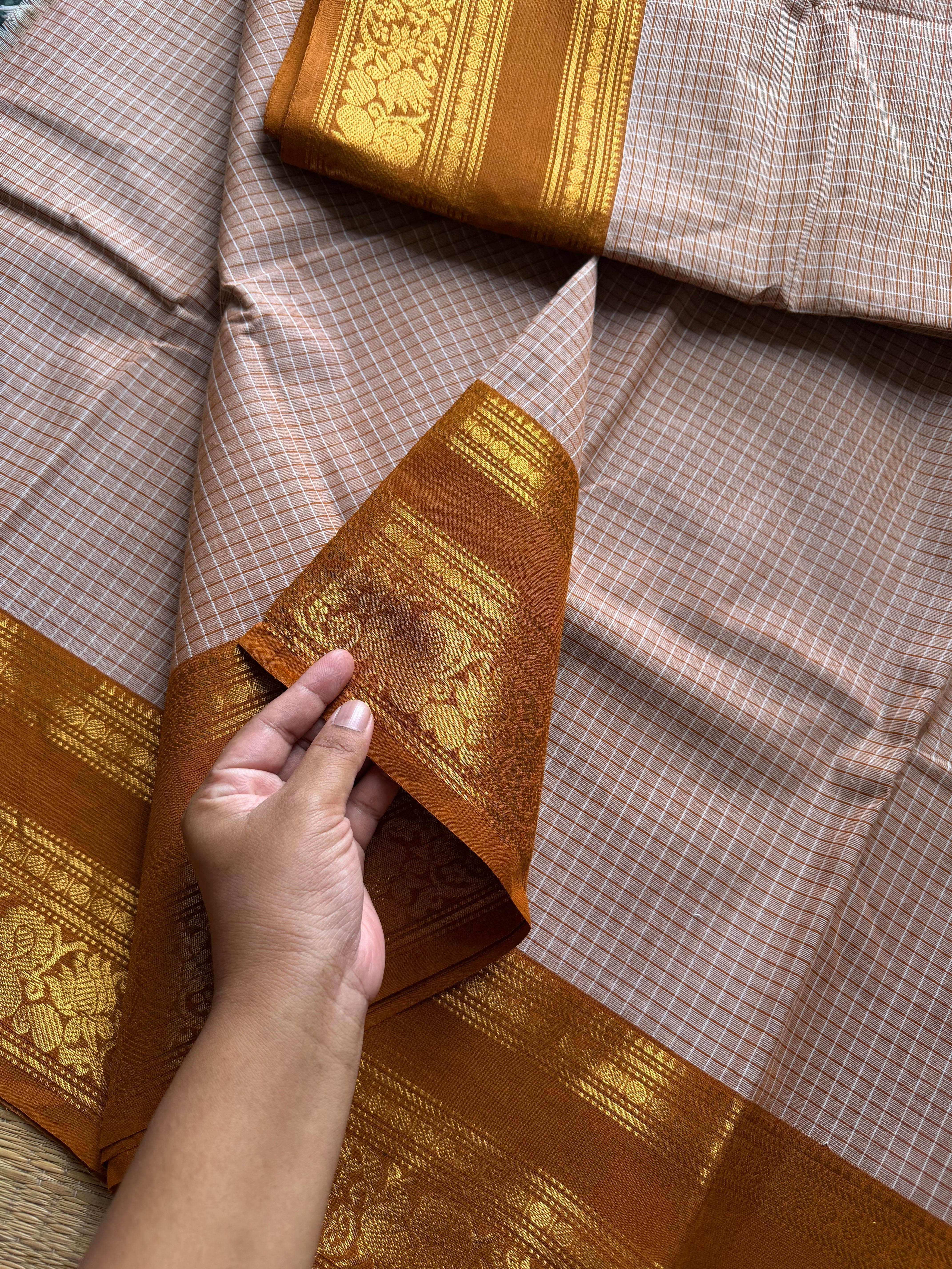 RF987 Beige shade ~ Premium Vintage Kattam / checks Kanchi cotton saree with silk saree inspired annam & floral pattern border