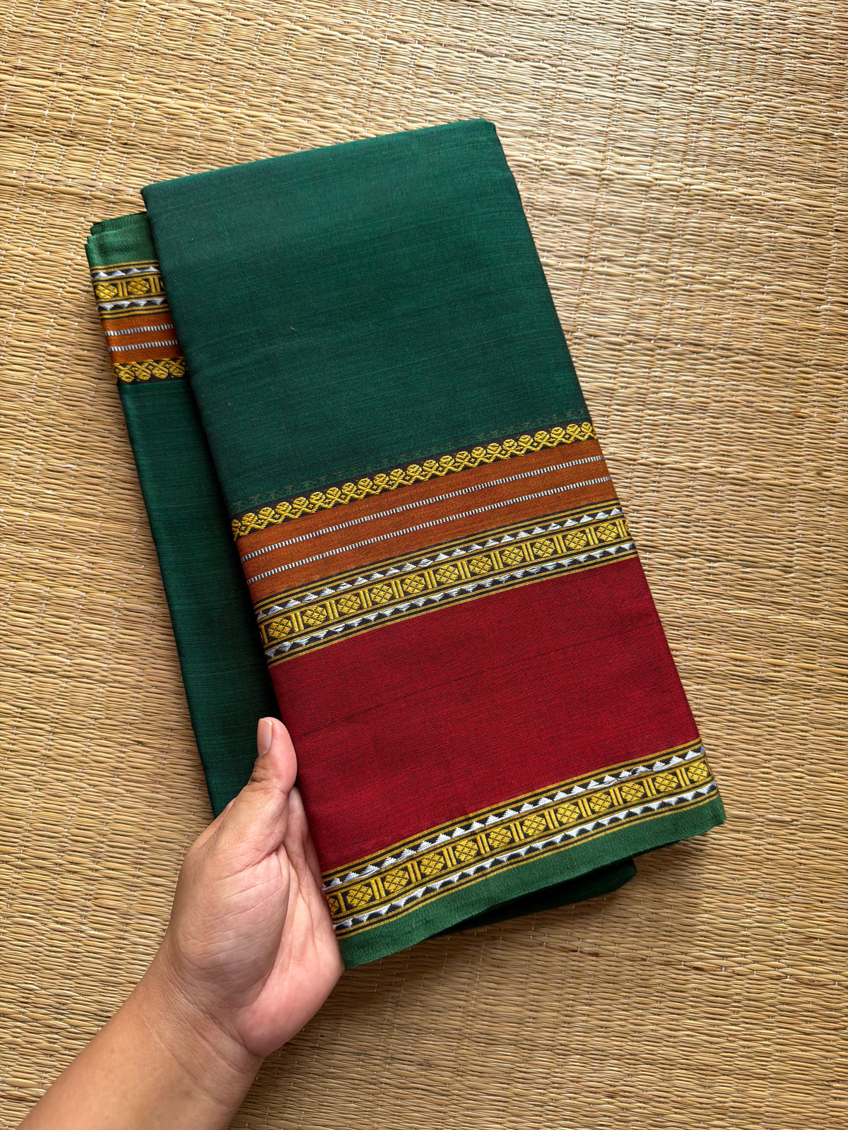 RF486 Bottle green with maroon combination vintage style gap border mercerised Narayanpet  cotton saree