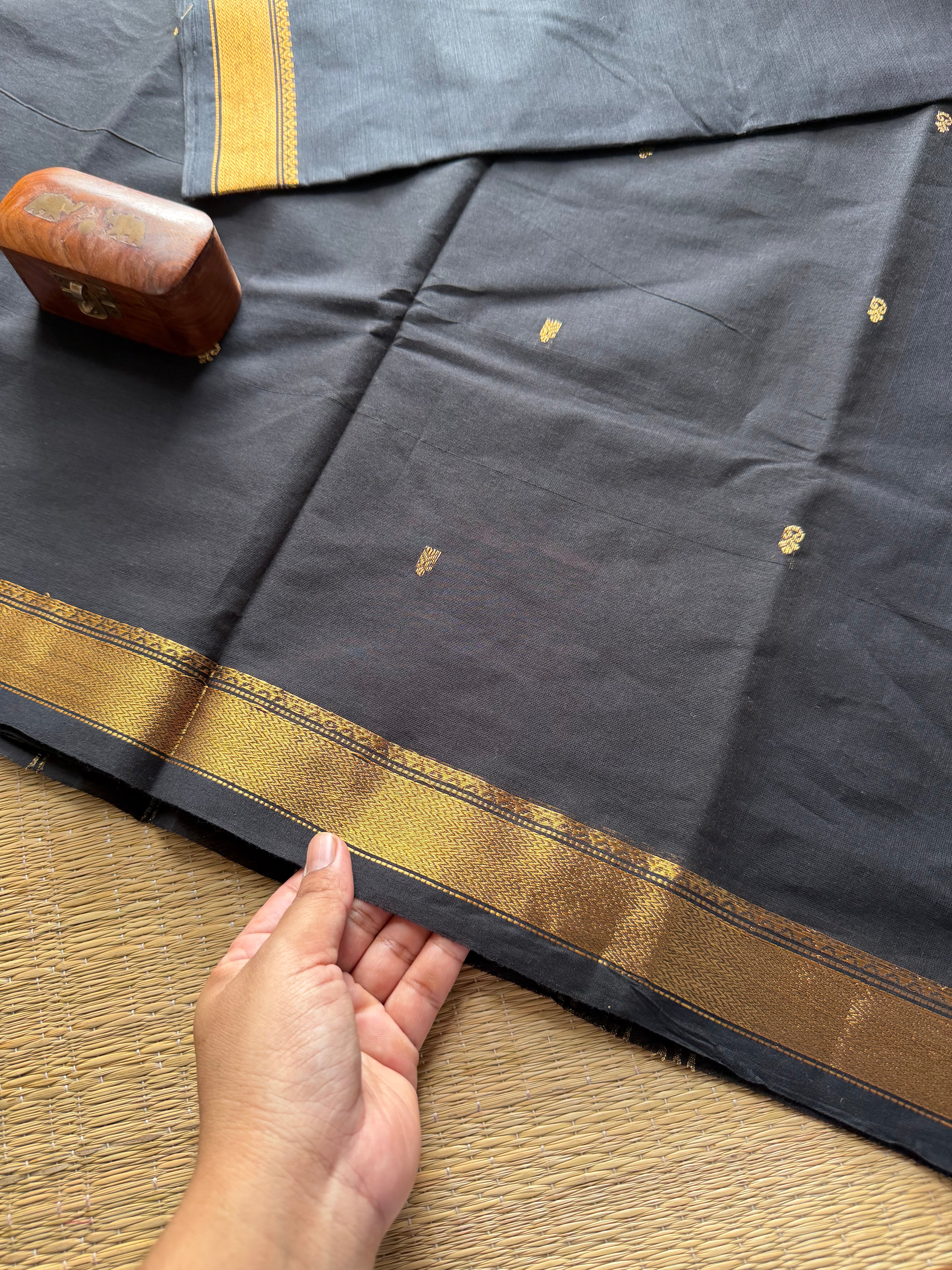 RF333 Monotone Black shade small border Kanchi cotton saree with handmade golden Zari Buttas