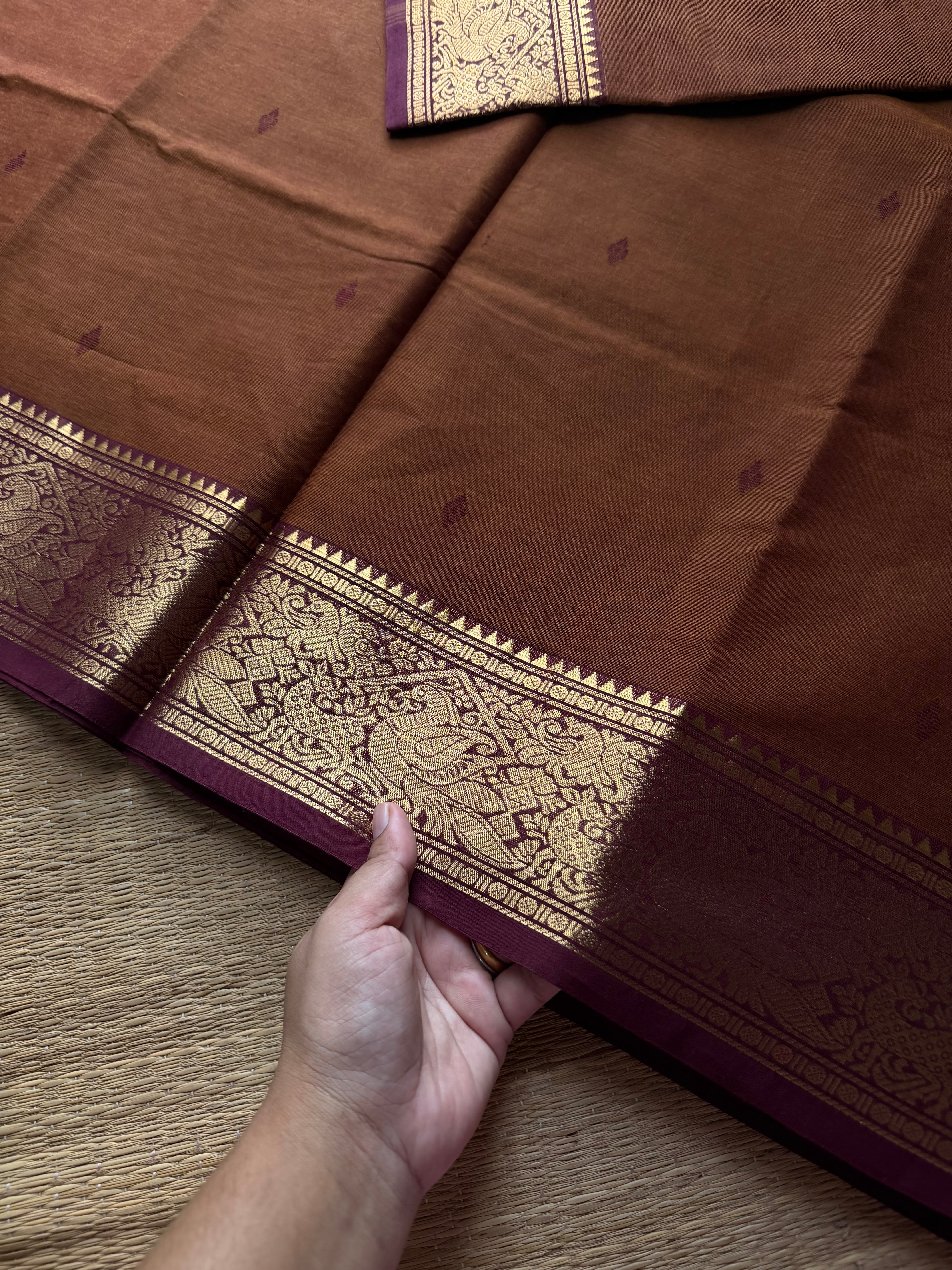 RF798 Honey With brown combination Kanchi cotton saree with Vanasingaram pattern border & handmade thread buttas