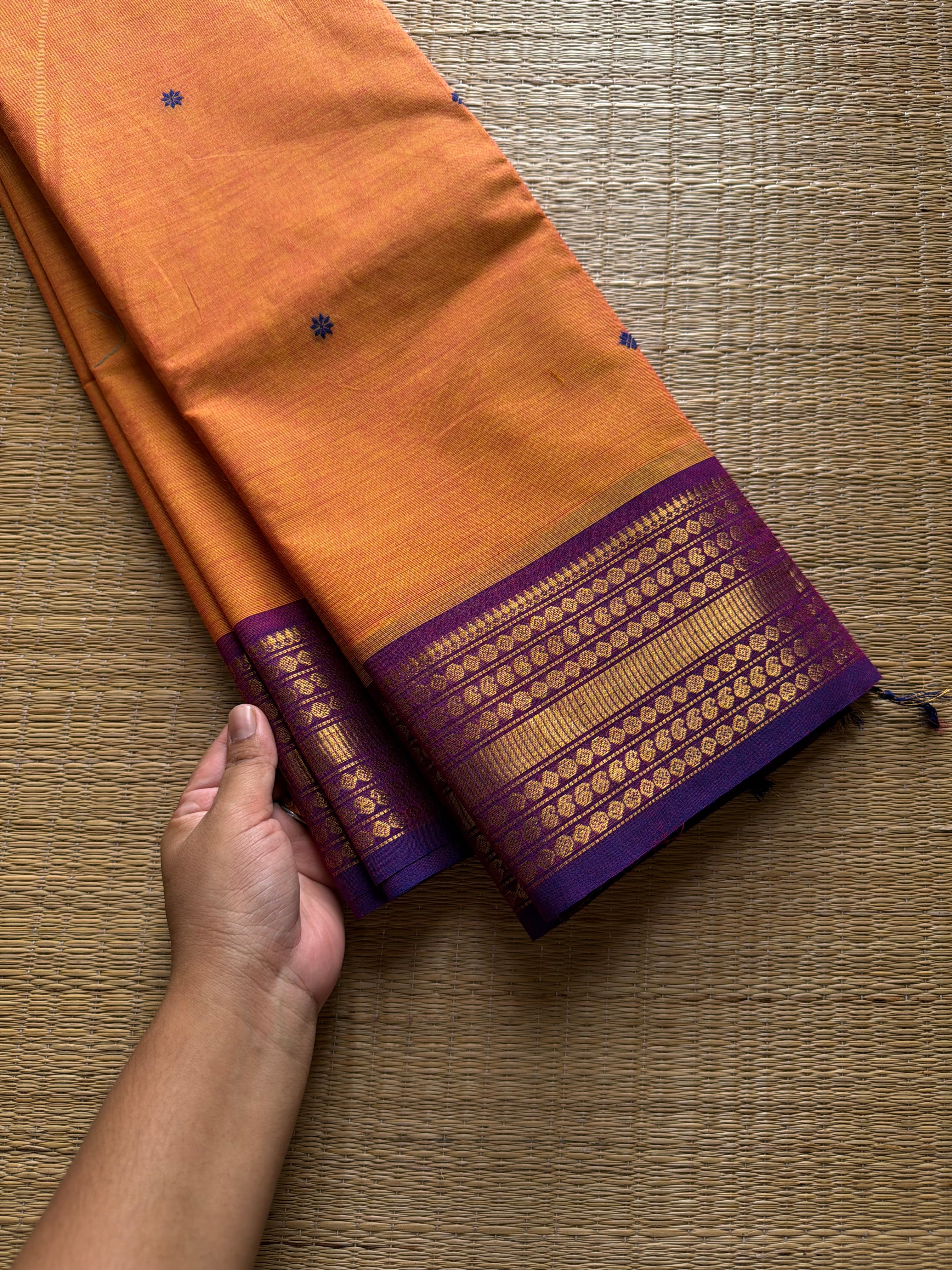 RF739 Mango with purple shade combination Kanchi cotton saree with handmade thread buttas