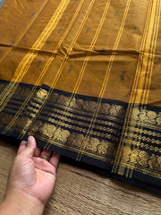 RF547 Mustard with black combination Kanchi cotton saree with handmade thread buttas