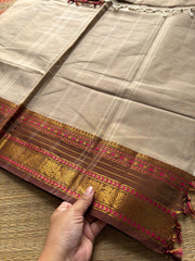 RF383 Cream with light brown combination Kanchi cotton saree with unique border