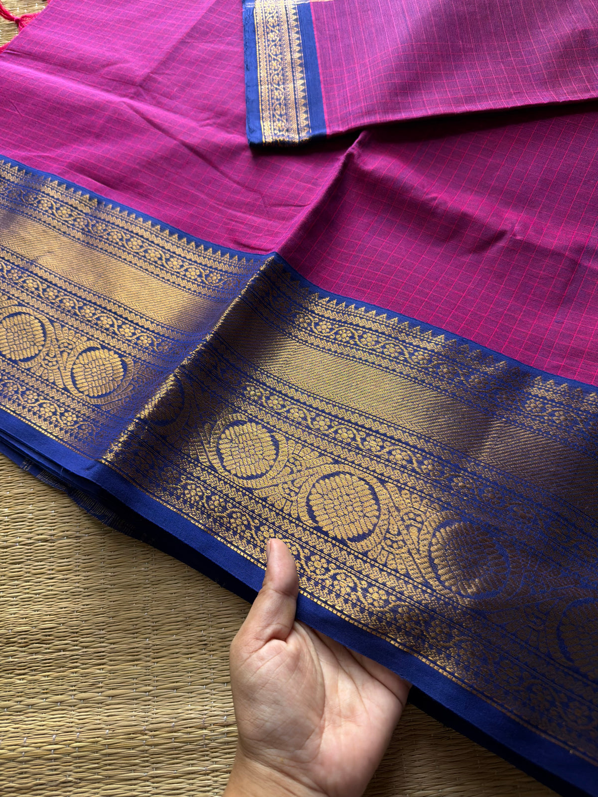 RF726 Magenta Pink shade Kanchi cotton saree with checks / Kattam pattern