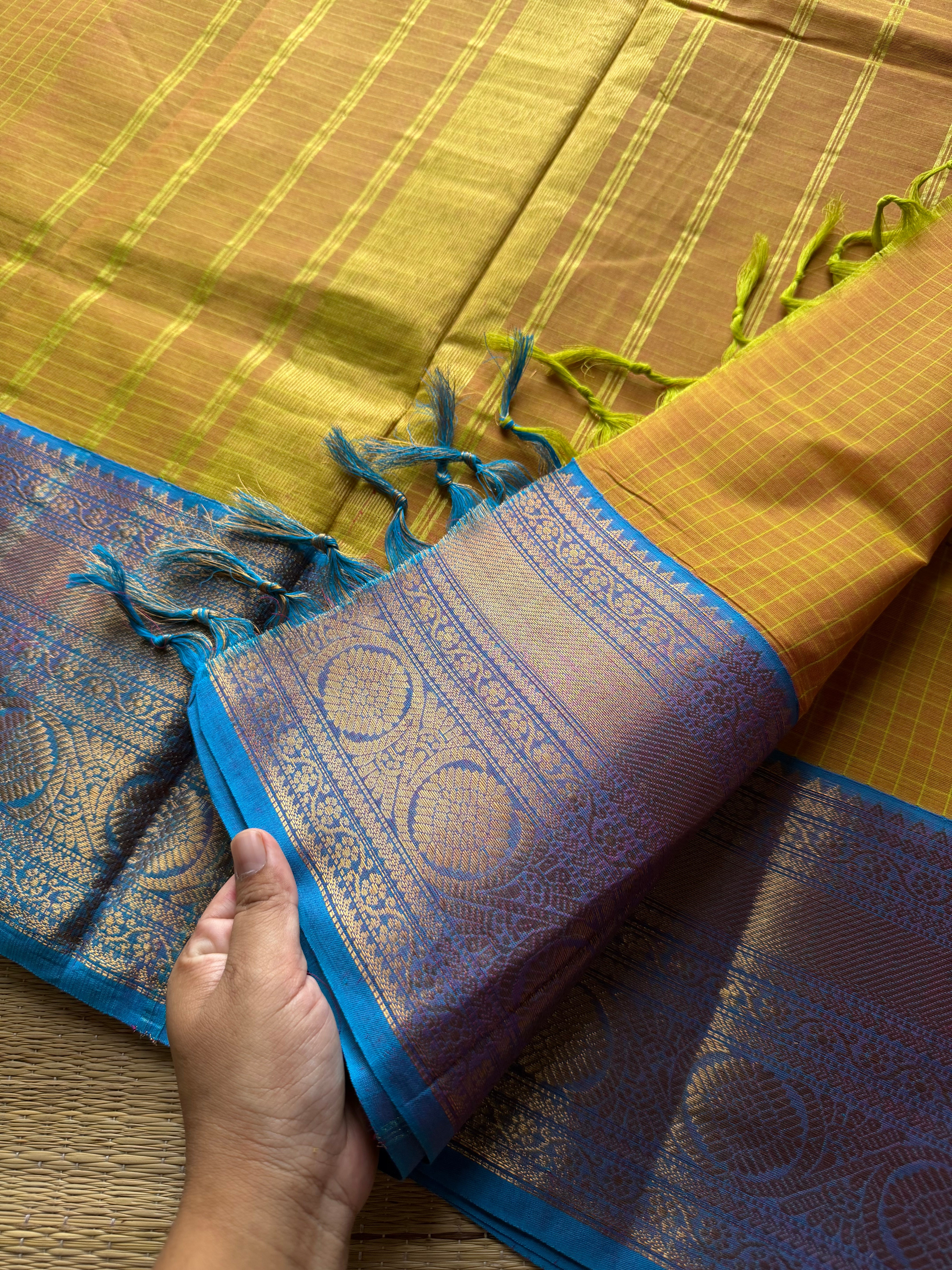 RF723 Dual tone yellow shade kanchi cotton saree with checks / Kattam pattern