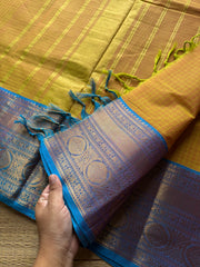 RF723 Dual tone yellow shade kanchi cotton saree with checks / Kattam pattern
