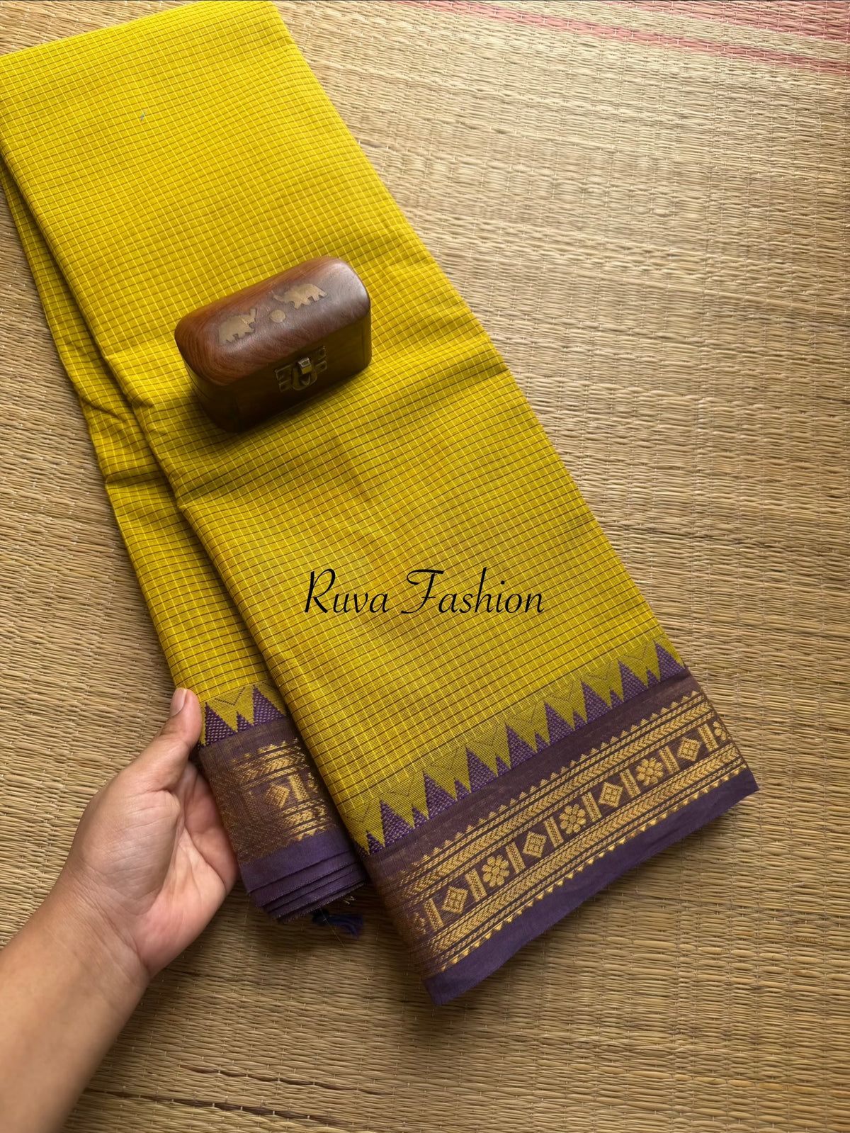 RF108 Mustard Yellow with purple shade combination vintage style Podi Kattam / small checks Kanchi cotton saree