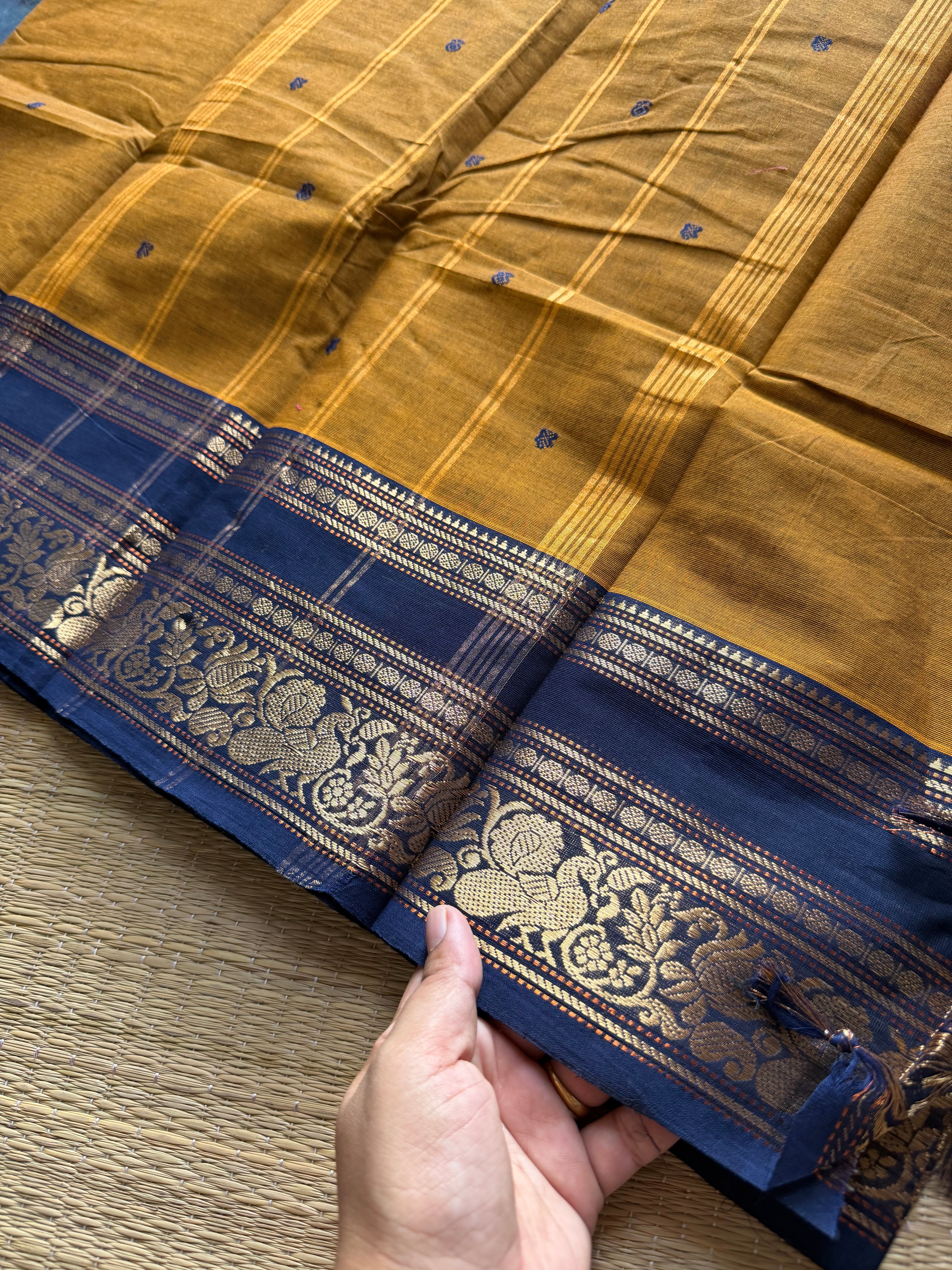 RF451 Mustard with dark navy blue combination Annam & lotus pattern contrast border and handmade thread buttas