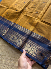RF451 Mustard with dark navy blue combination Annam & lotus pattern contrast border and handmade thread buttas