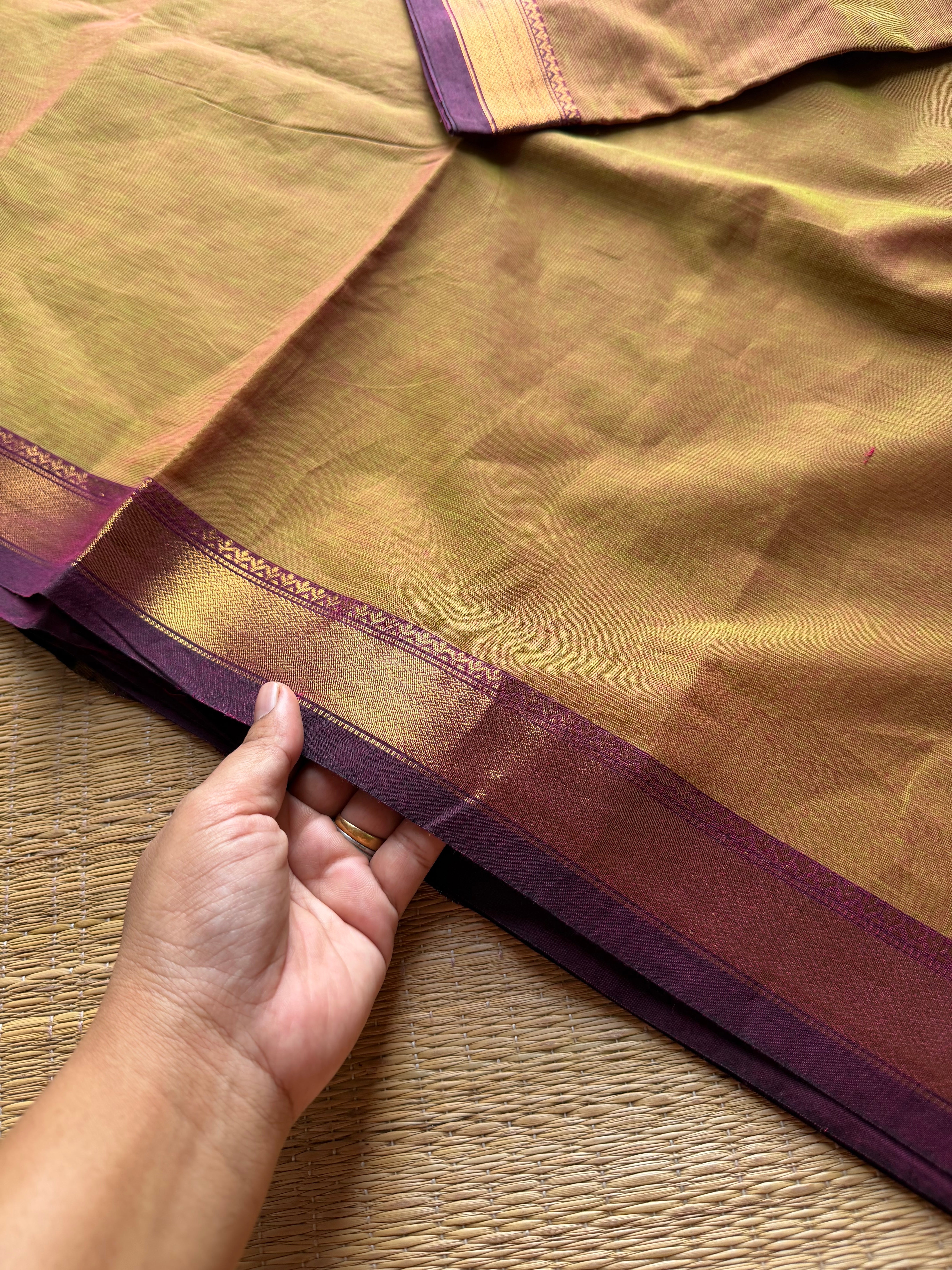 RF989 Dual tone mustard & olive mixed shade ~ Small border Kanchi cotton saree