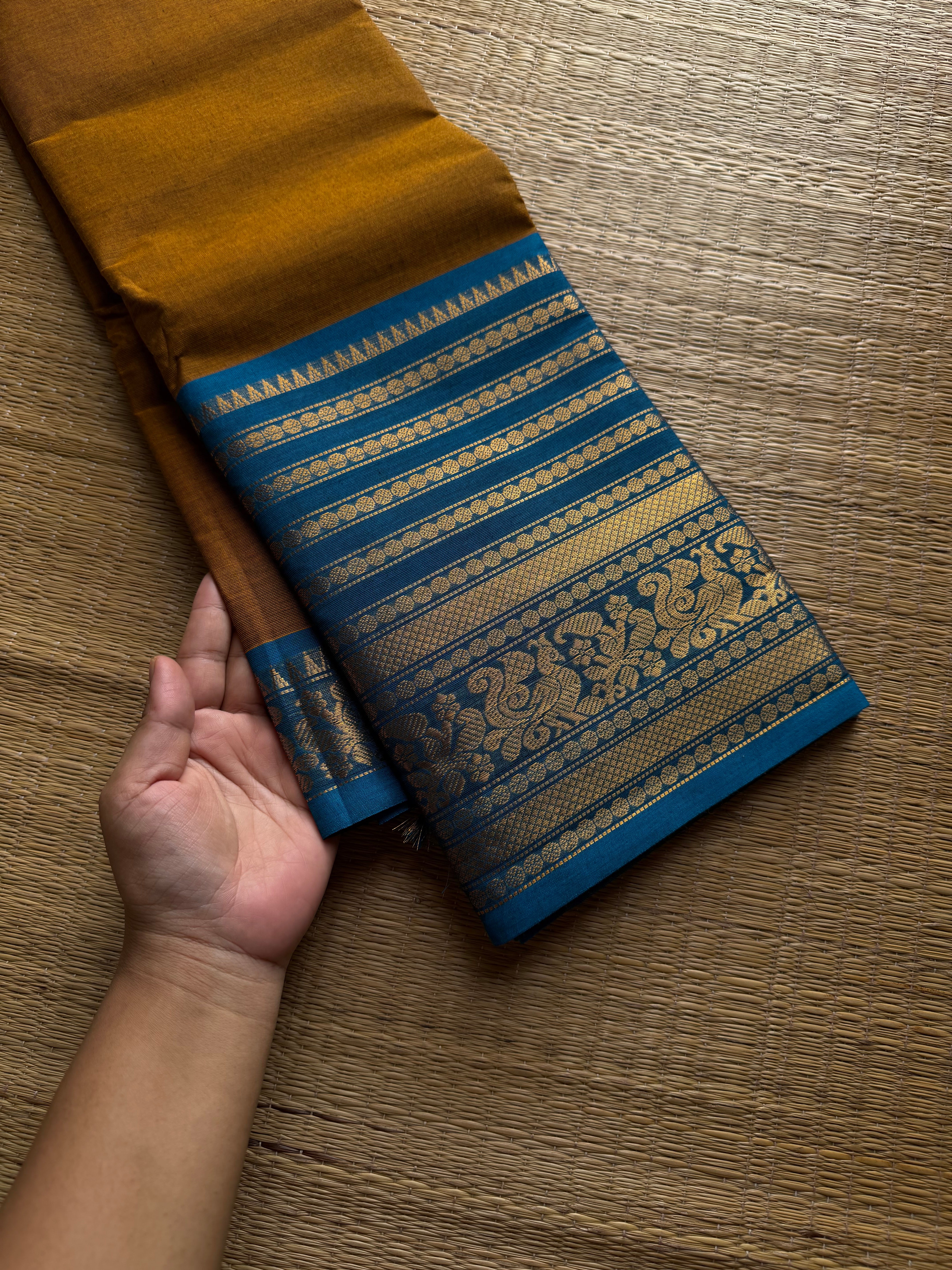 RF1039 Mutated with sky blue ~ Silk Saree Inspired Varisaipet big / long border Kanchi cotton saree