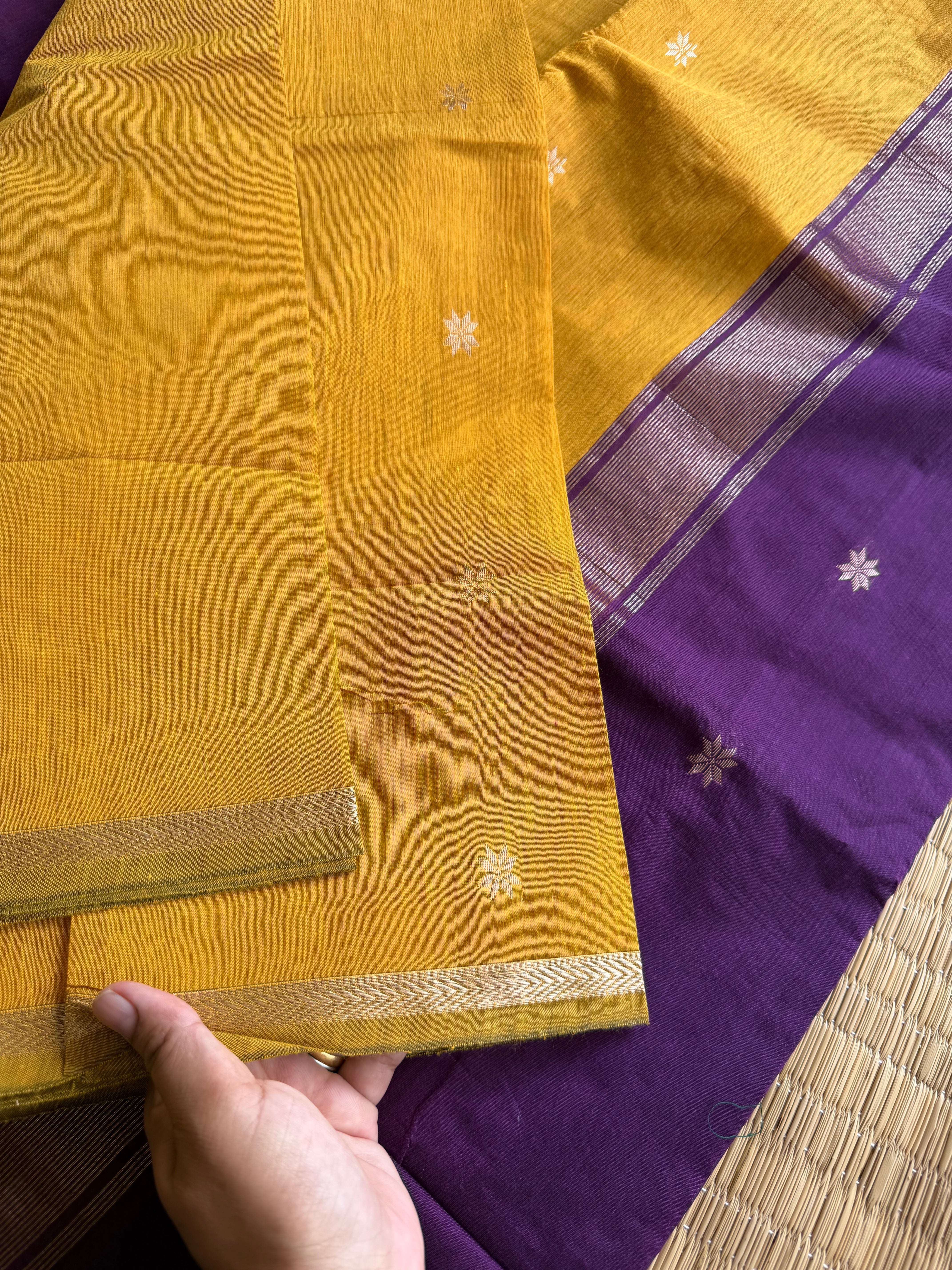 RF155 Mustard yellow body paired with a deep purple contrast border and pallu Maheswari Semi Silk Cotton Saree with star pattern Zari Buttas
