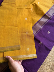 RF155 Mustard yellow body paired with a deep purple contrast border and pallu Maheswari Semi Silk Cotton Saree with star pattern Zari Buttas