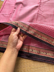 Onion pink shade Mercerised Mercerised Narayanpet cotton saree with small border & Kattam / checks pattern saree