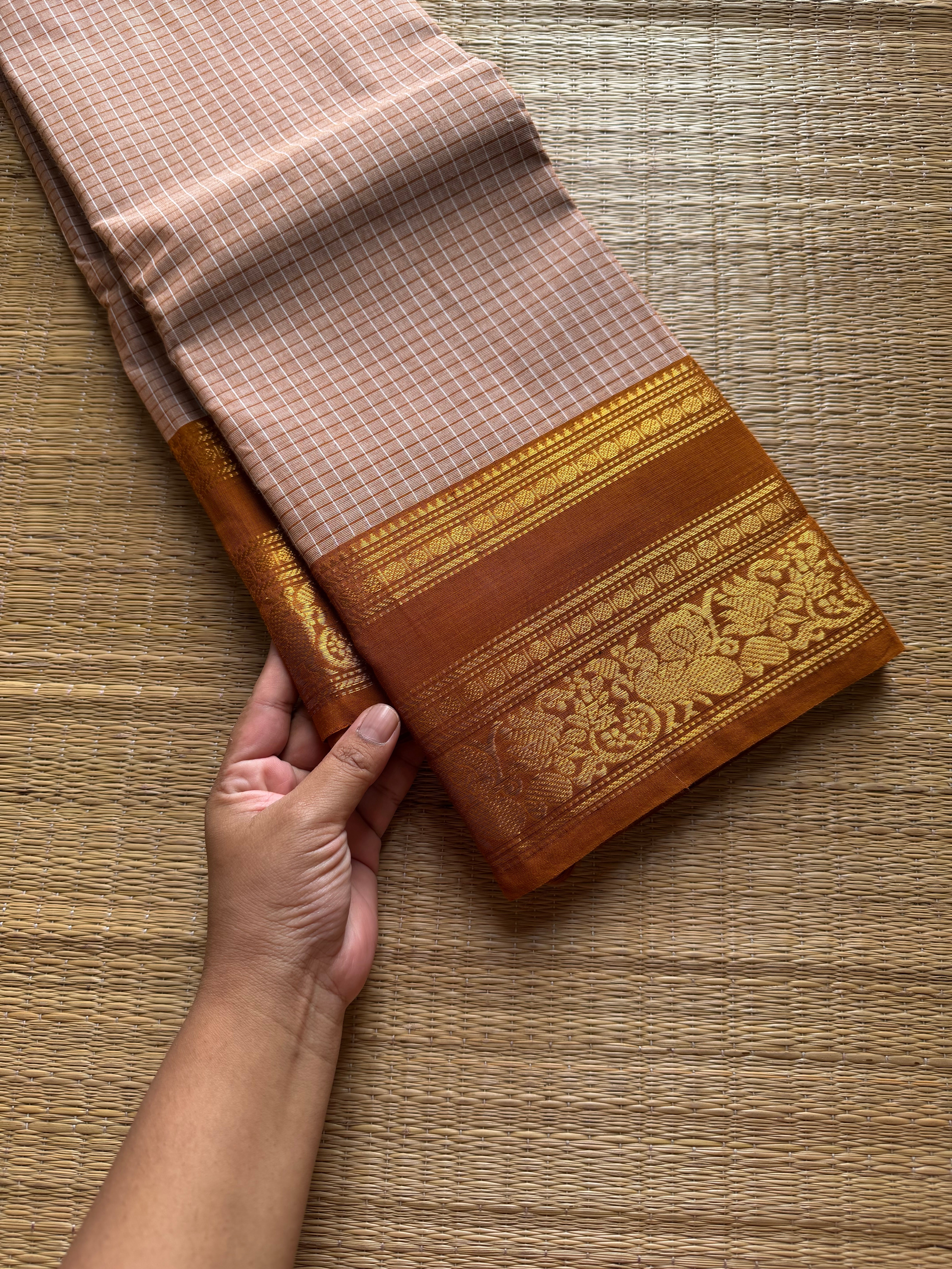 RF987 Beige shade ~ Premium Vintage Kattam / checks Kanchi cotton saree with silk saree inspired annam & floral pattern border