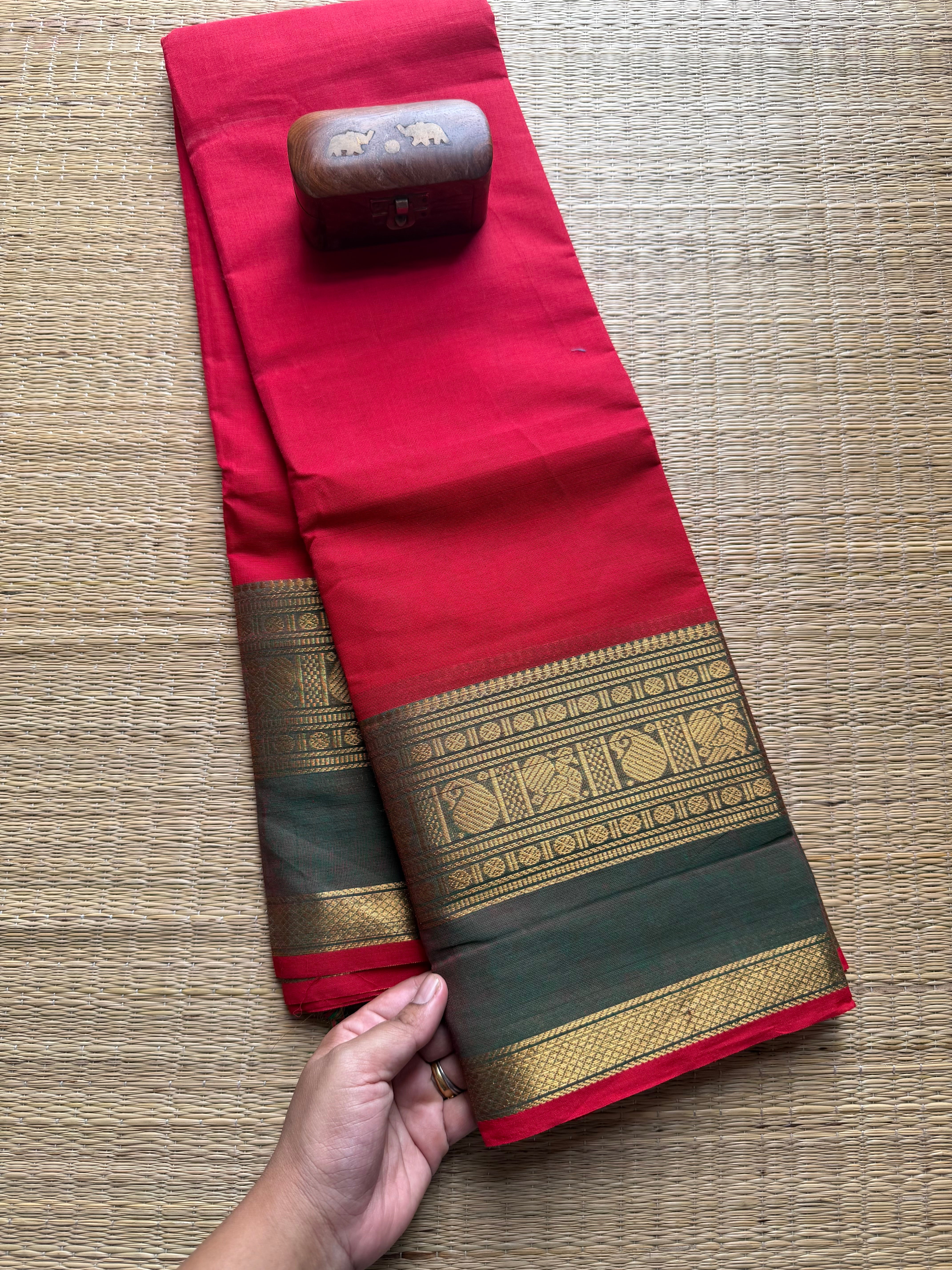 Red Kanchi Cotton Saree With Contrast Border