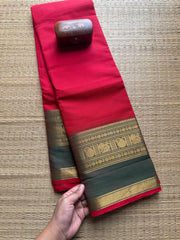 Red Kanchi Cotton Saree With Contrast Border