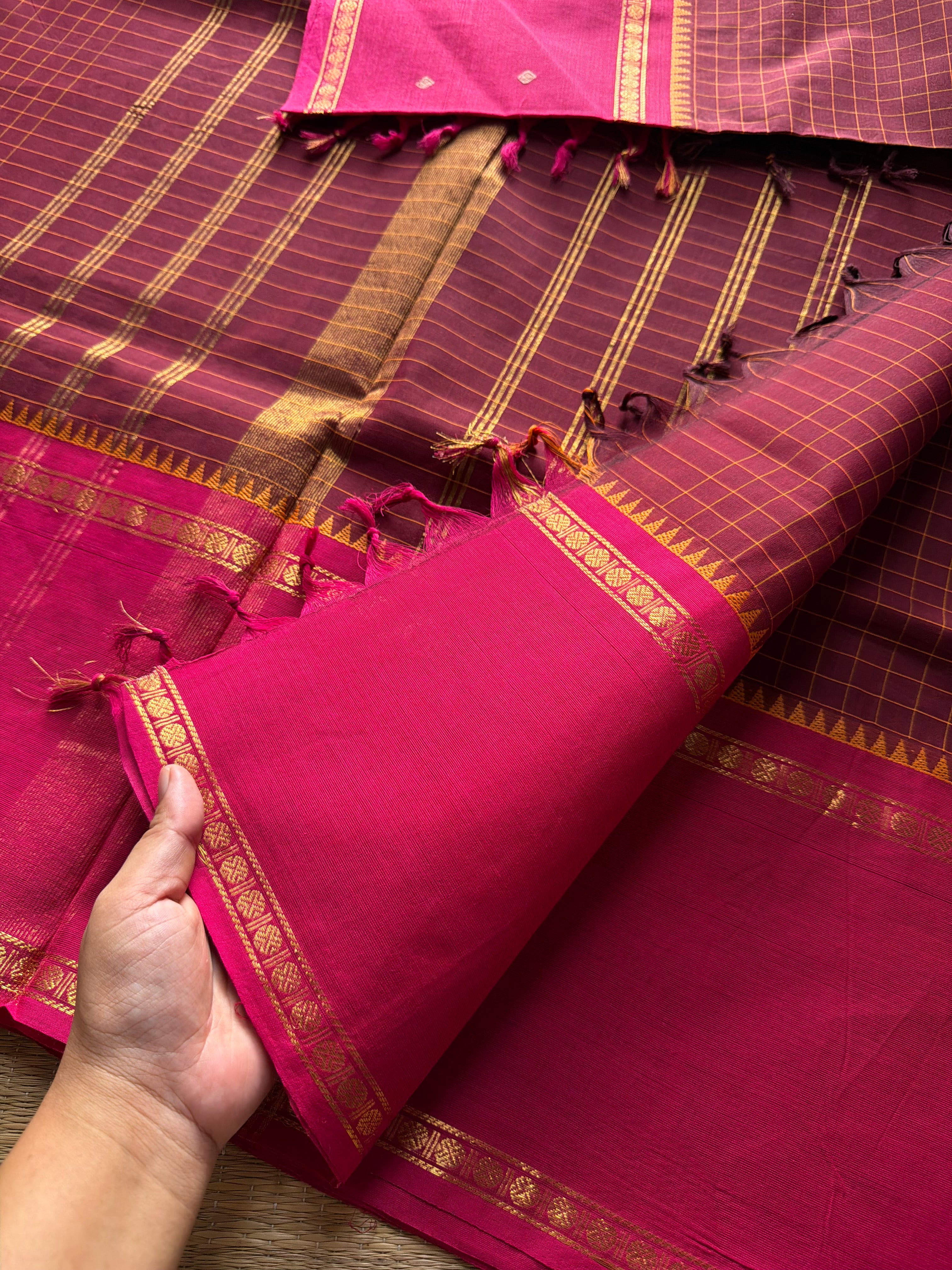 Maroon with pink combination kanchi cotton saree with Vintage Style Border kattam checks pattern & handwoven Buttas on the border