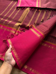Maroon with pink combination kanchi cotton saree with Vintage Style Border kattam checks pattern & handwoven Buttas on the border