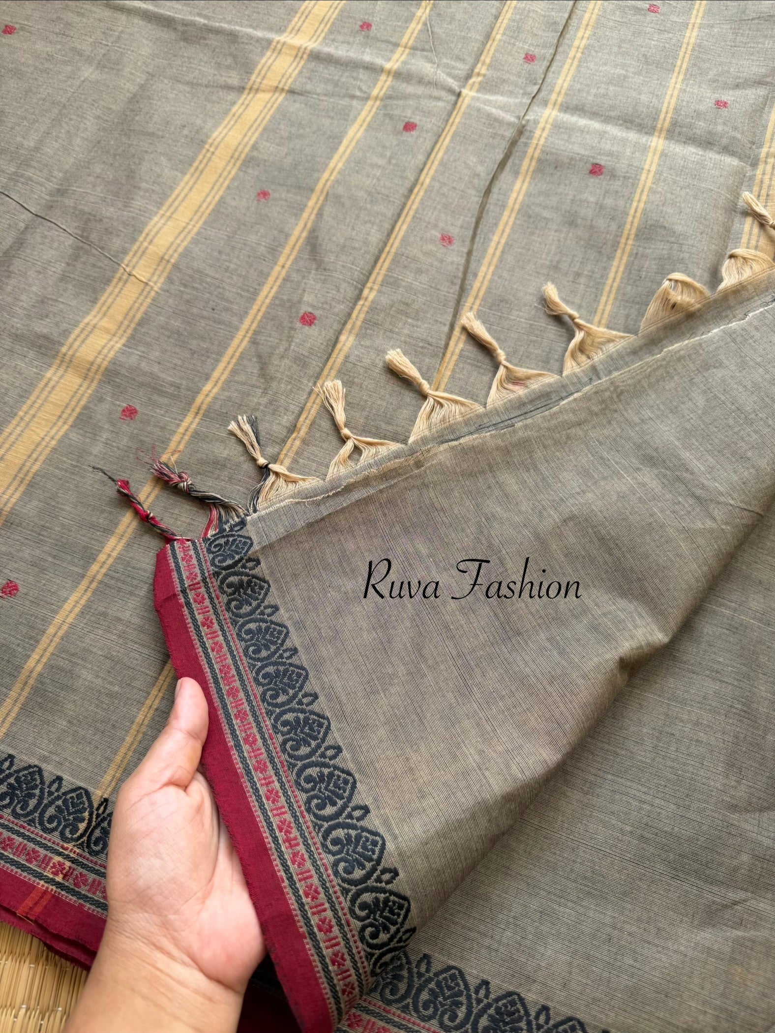 RF128 Grey Shade Kanchi Cotton Saree With small contrast thread border &  handmade thread butts