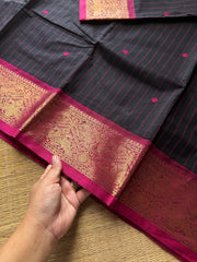 RF814 Black shade Kanchi cotton saree with Vanasingaram border and handmade thread buttas