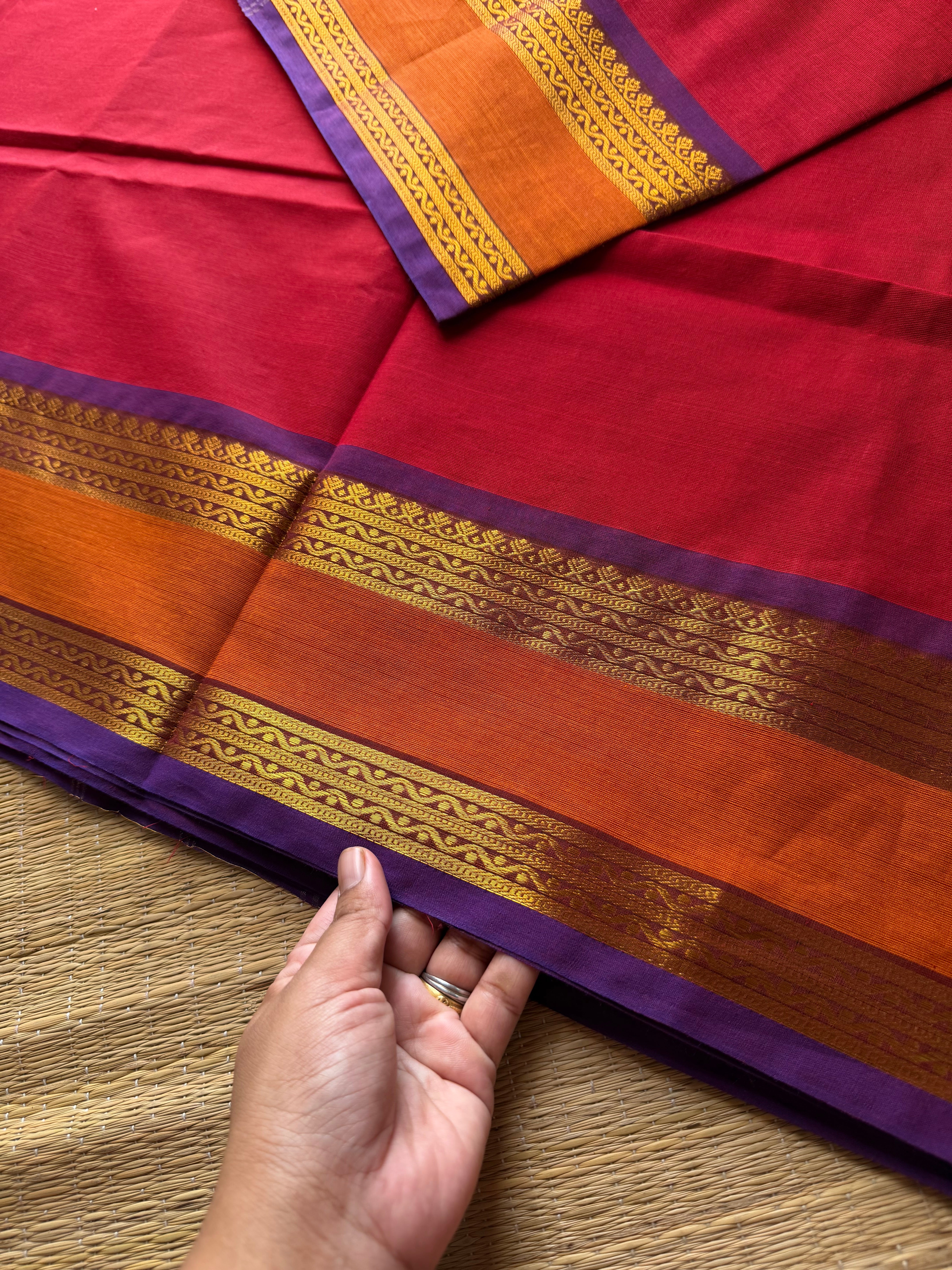 RF620 Reddish maroon  with purple and orange dual combination gap border Kanchi cotton saree