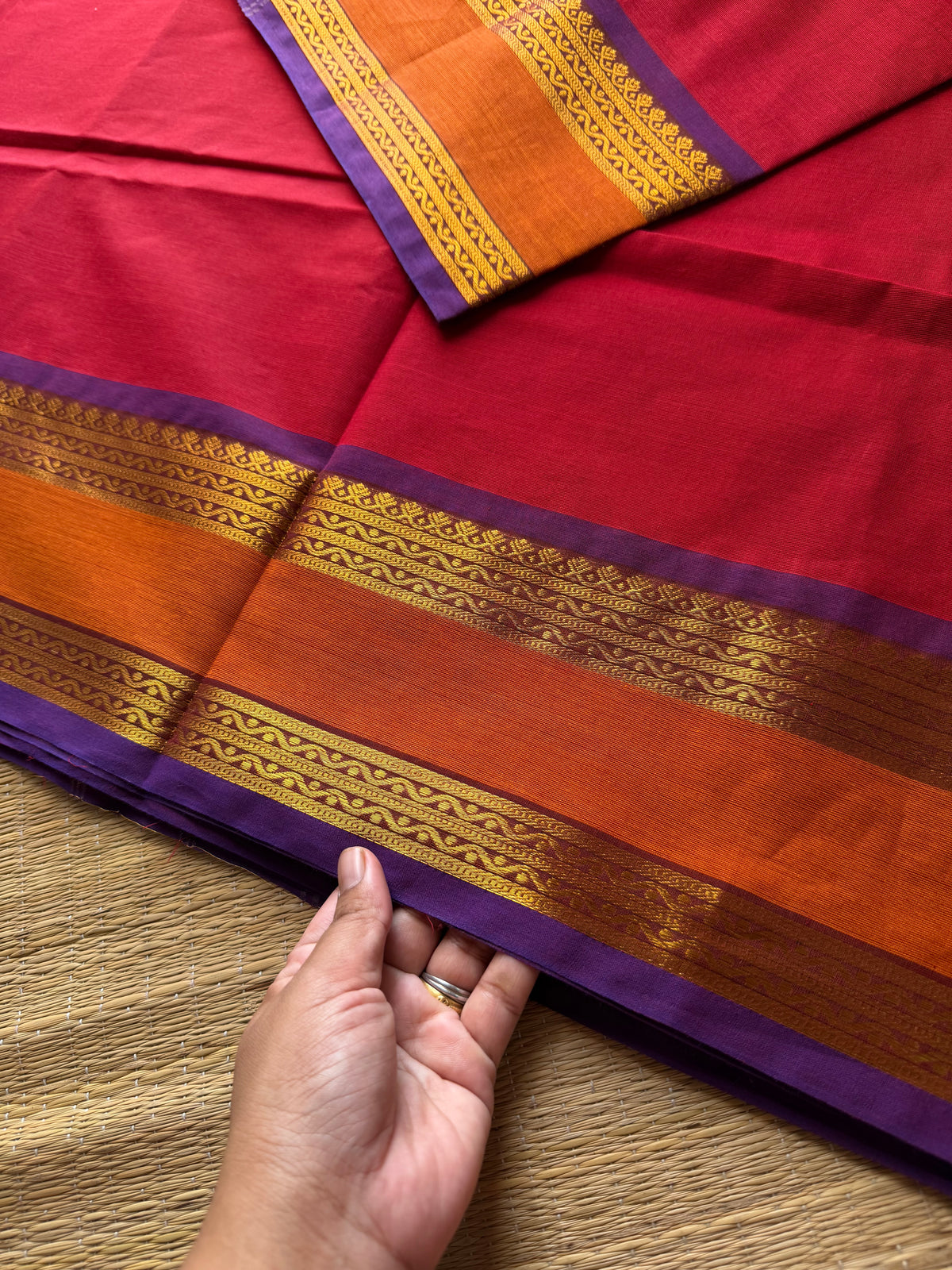 RF620 Reddish maroon  with purple and orange dual combination gap border Kanchi cotton saree