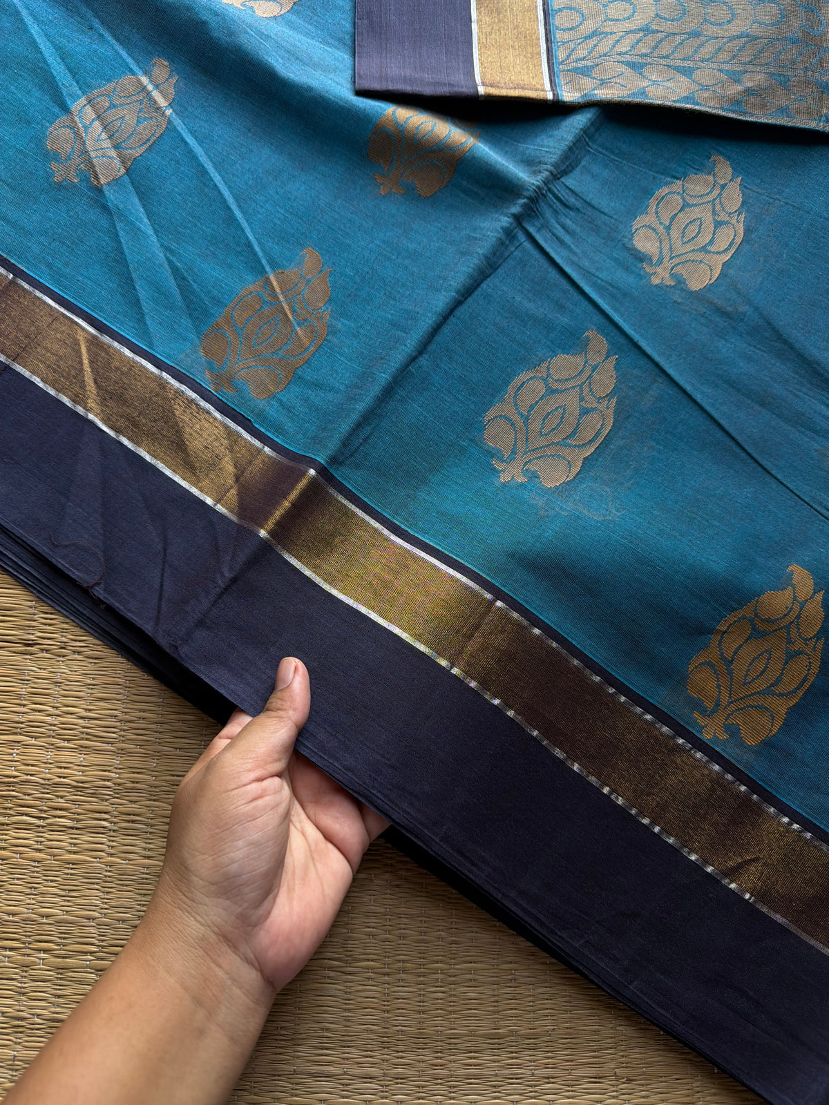 RF1113 Negamam Pure Cotton Saree ~ Blue with navy blue