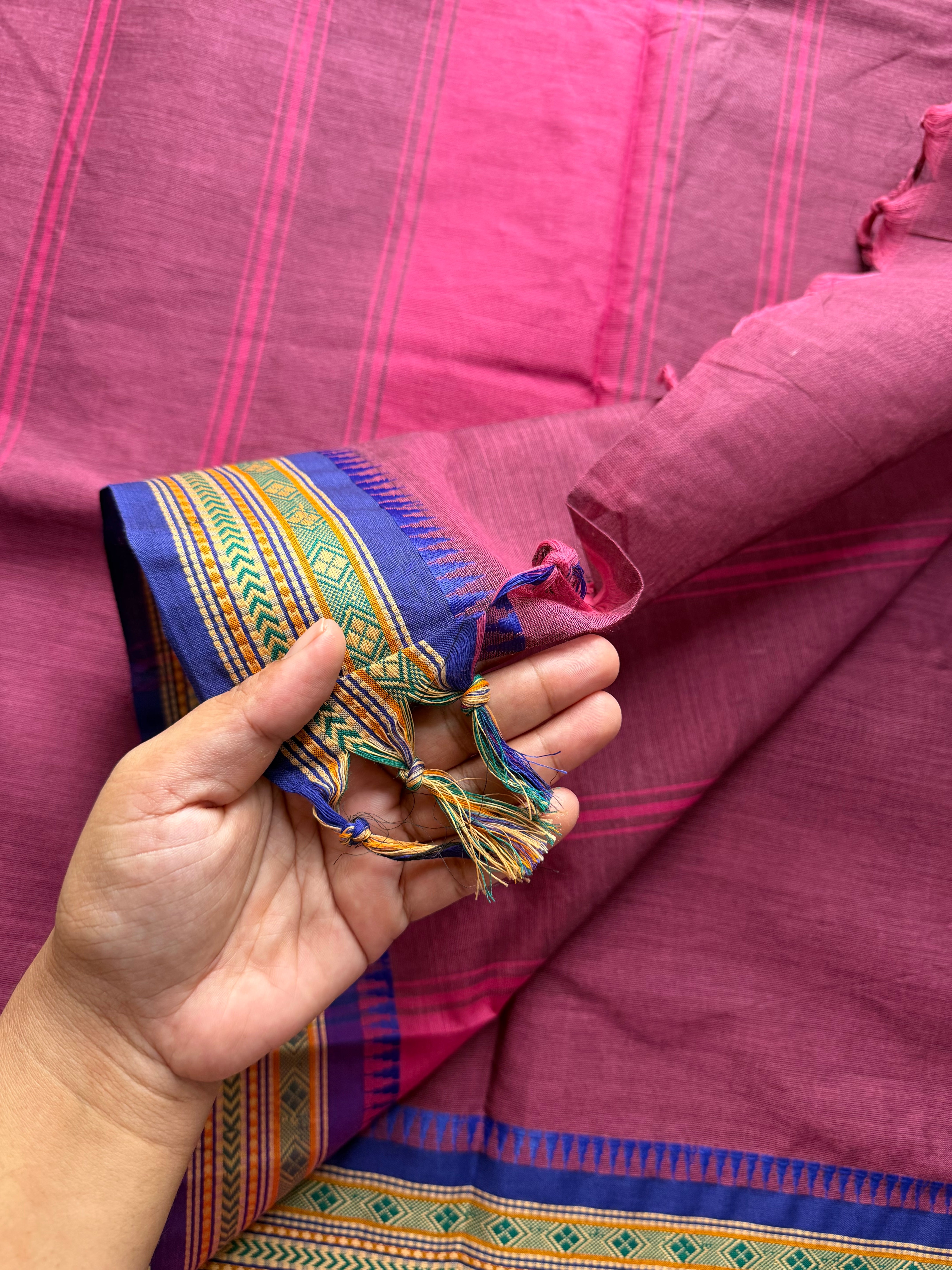 RF301 Dual tone plum pink shade Kanchi cotton saree with elegant royal blue combination thread border