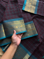 RF648 Brown with teal blue combination Kanchi Kattam / checks pattern saree with handmade thread buttas