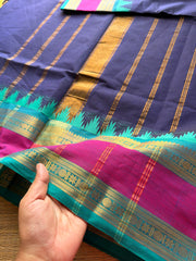 RF308 Navy Blue with sky blue combination Kanchi cotton saree with Rettapet border and unique Thazhampoo pattern