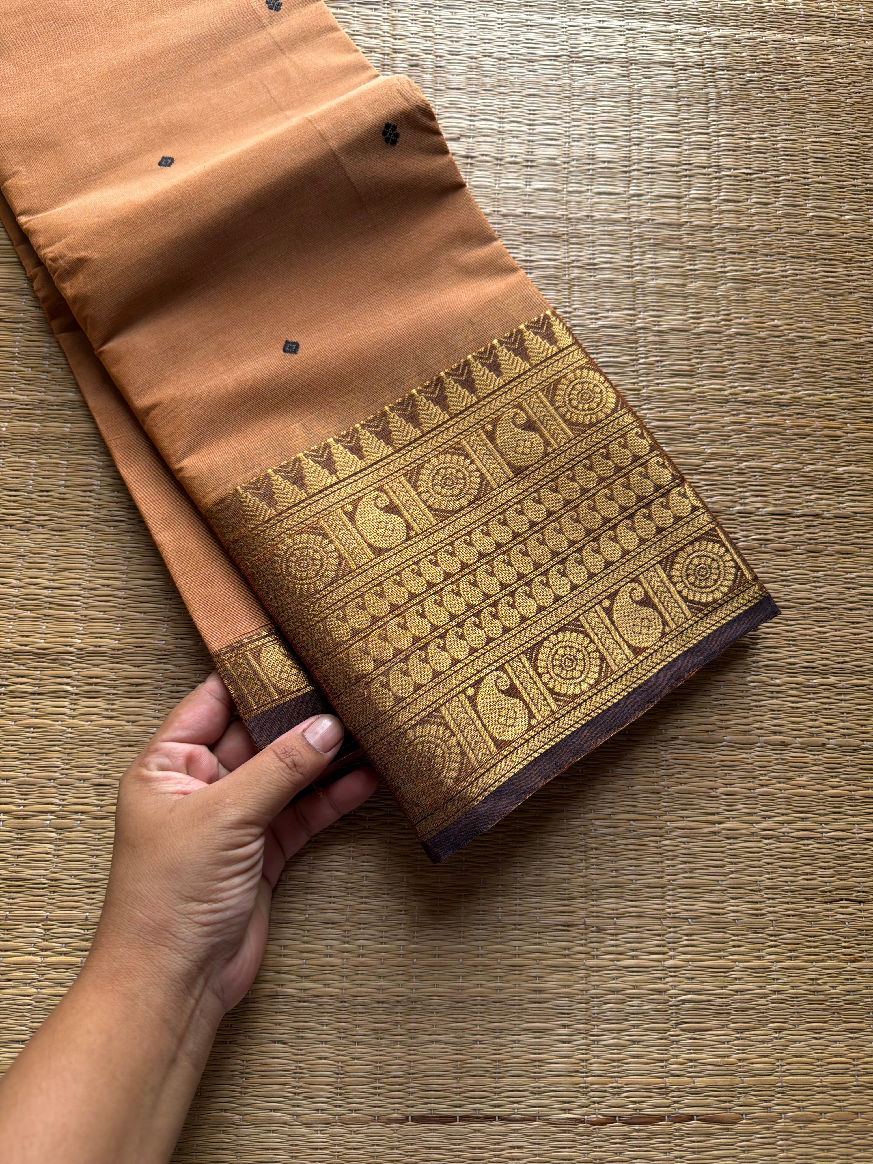 RF1013 Beige shade ~ Kanchi cotton saree with handmade thread buttas