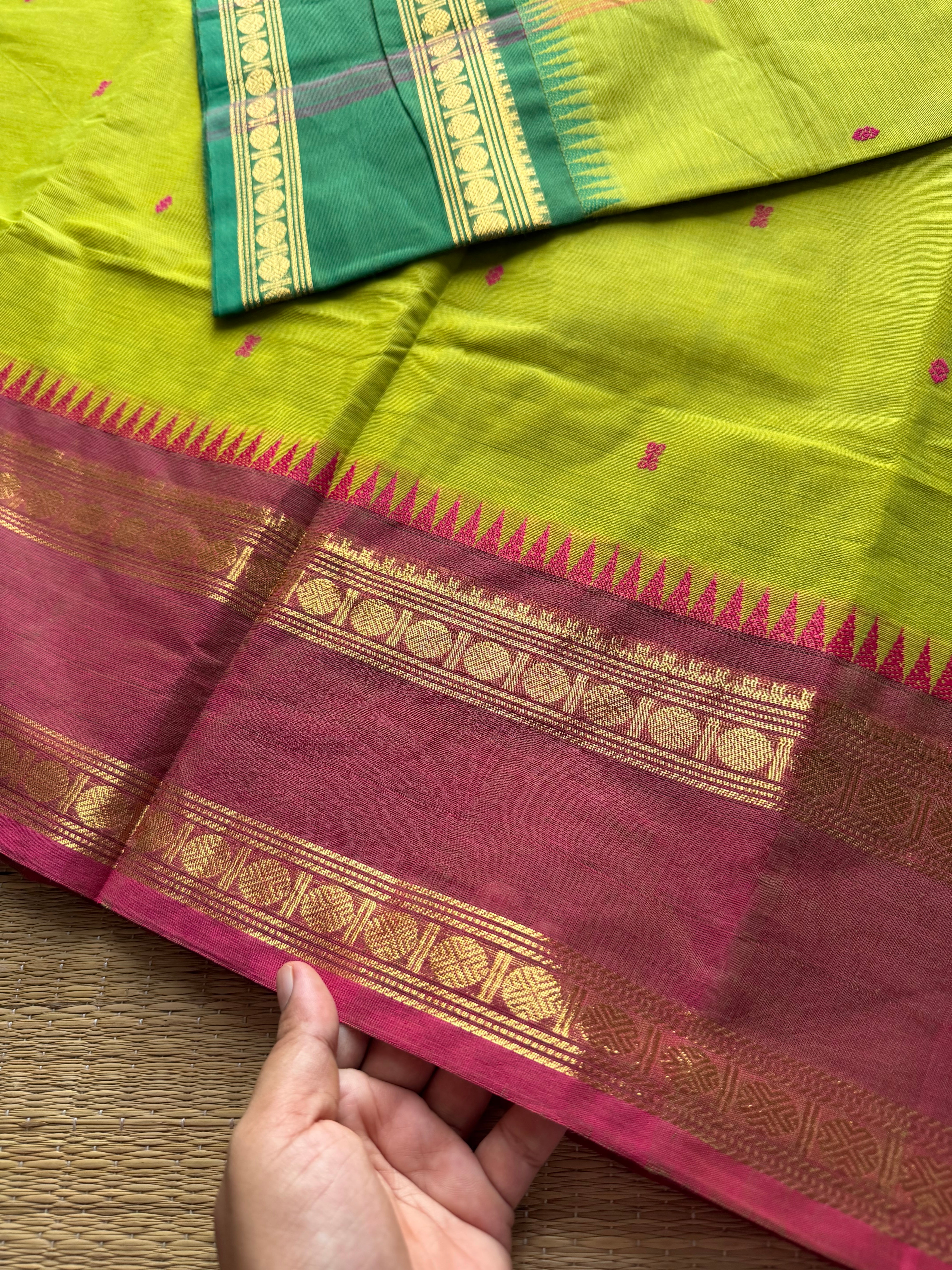 RF290 Dual tone parrot green shade Kanchi cotton saree with Ganga Jamuna Rettapet Border & Handmade thread buttas