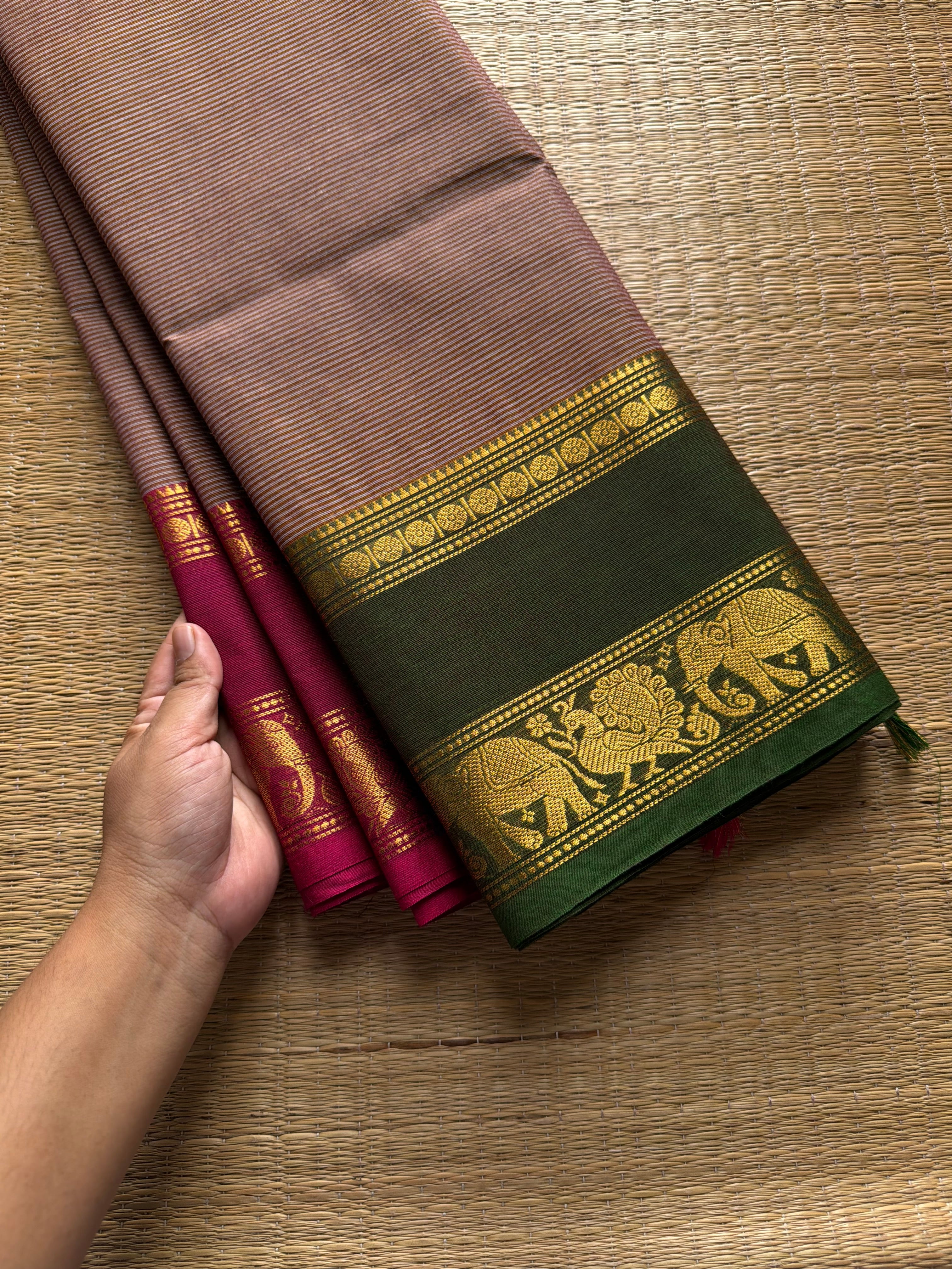 RF770 Dual tone Grey shade Kanchi cotton saree with Ganga Jamuna border and fully minute horizontal stripped lines on the body