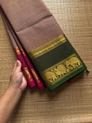 RF770 Dual tone Grey shade Kanchi cotton saree with Ganga Jamuna border and fully minute horizontal stripped lines on the body