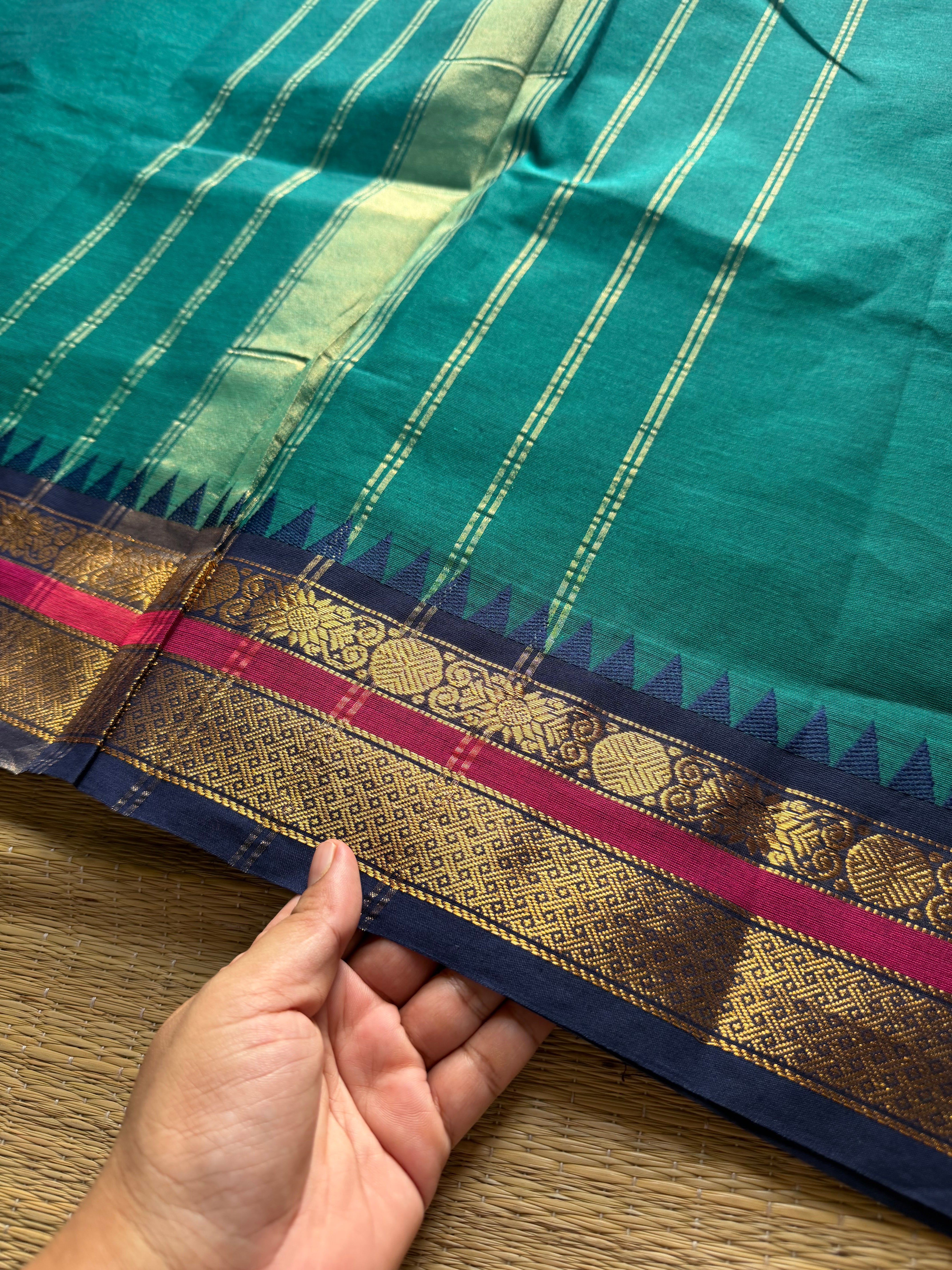 RF284 Peacock blue shade Kanchi cotton saree with small Zari border