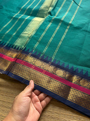 RF284 Peacock blue shade Kanchi cotton saree with small Zari border
