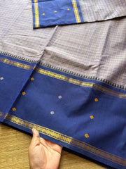 Greyish blue shade Vintage Border Kanchi Cotton Saree With kattam / checks pattern & handwoven Buttas on the border