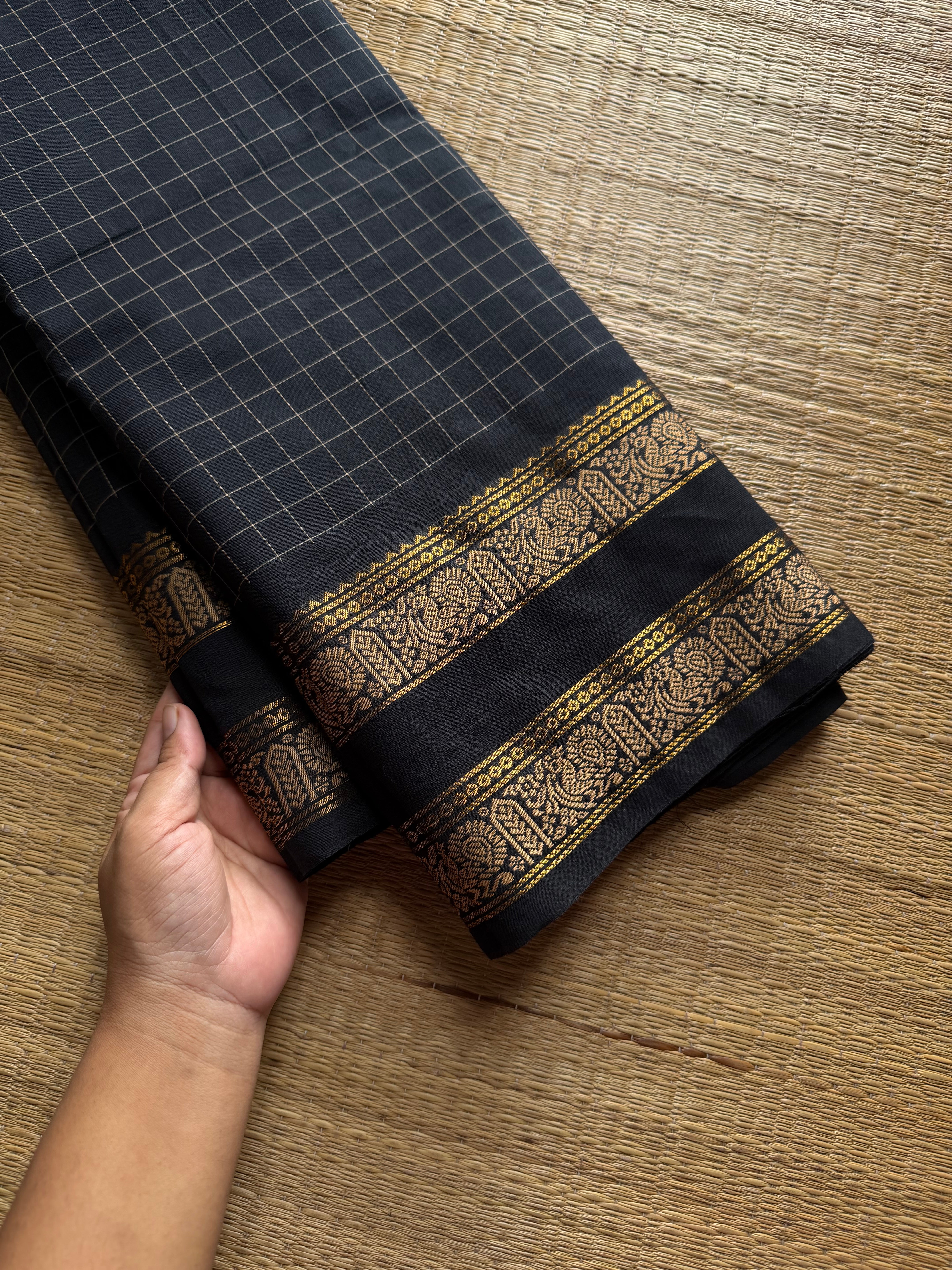 RF1251 Vintage Kattam ~  Jet Black shade Premium Kanchi Cotton Saree with Minimal Zari & checks pattern